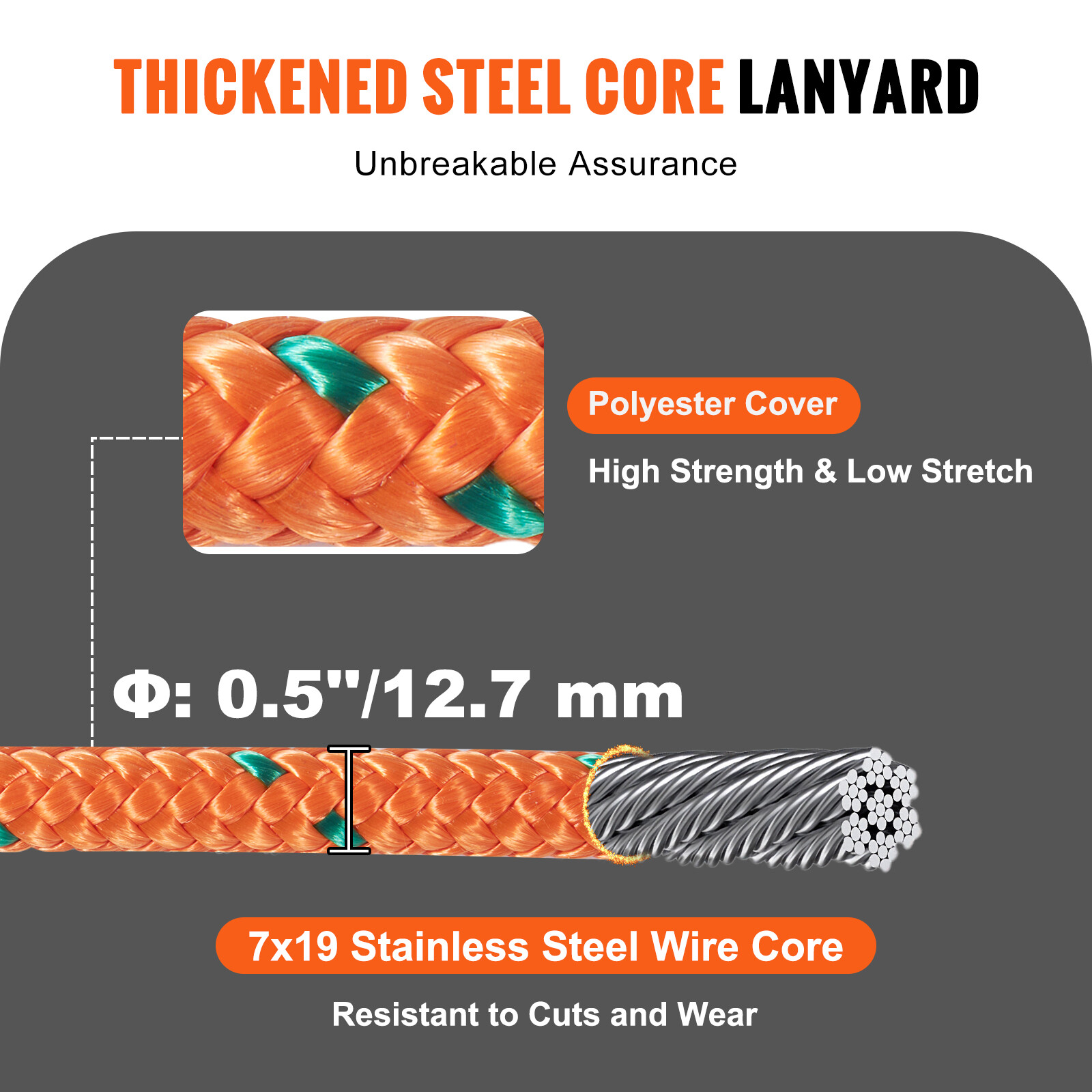 VEVOR Steel Core flipline 1/2" x 12' Arborist Flipline for Tree Climbing