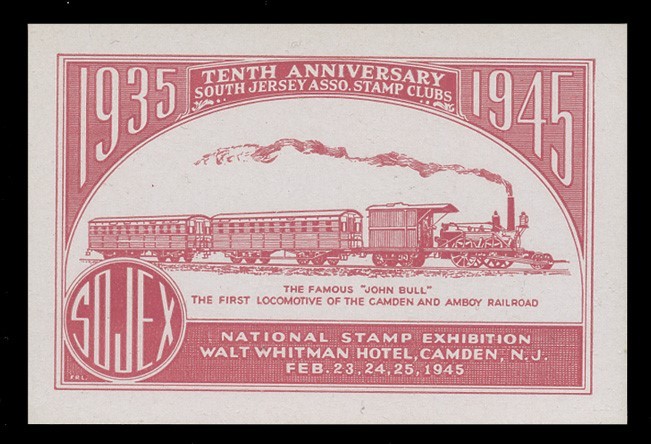 1945 SOJEX STAMP SHOW LABEL - JOHN BULL - CAMDEN-AMBOY RAILROAD
