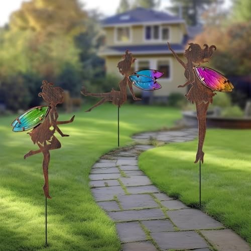 Metal Fairy Garden Stakes Decor,Charming Fairy with Wing Metal Colorful
