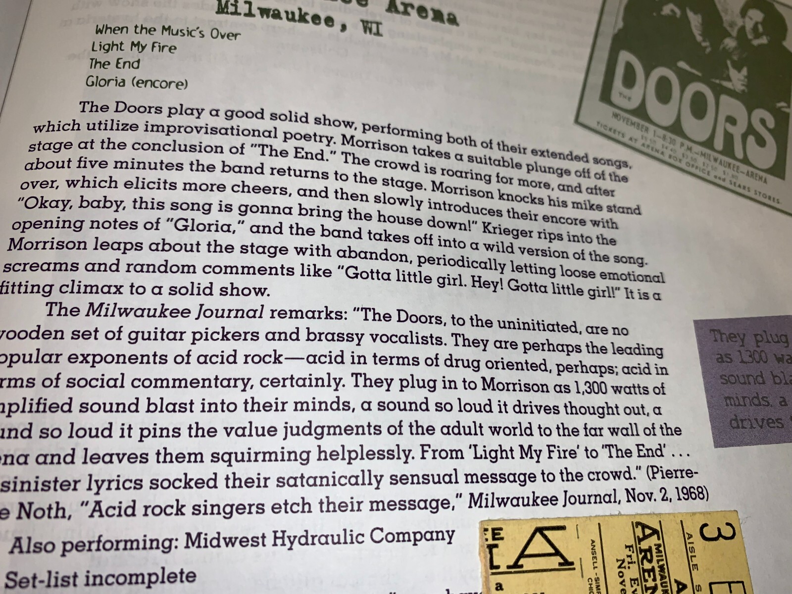 THE DOORS 1968 CONCERT TICKET JIM MORRISON MILWAUKEE Robby Krieger Ephemera USA