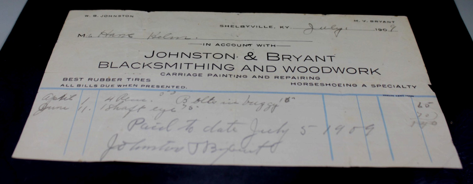 Antique 1909 Blacksmith Billhead Receipt Shelbyville Kentucky