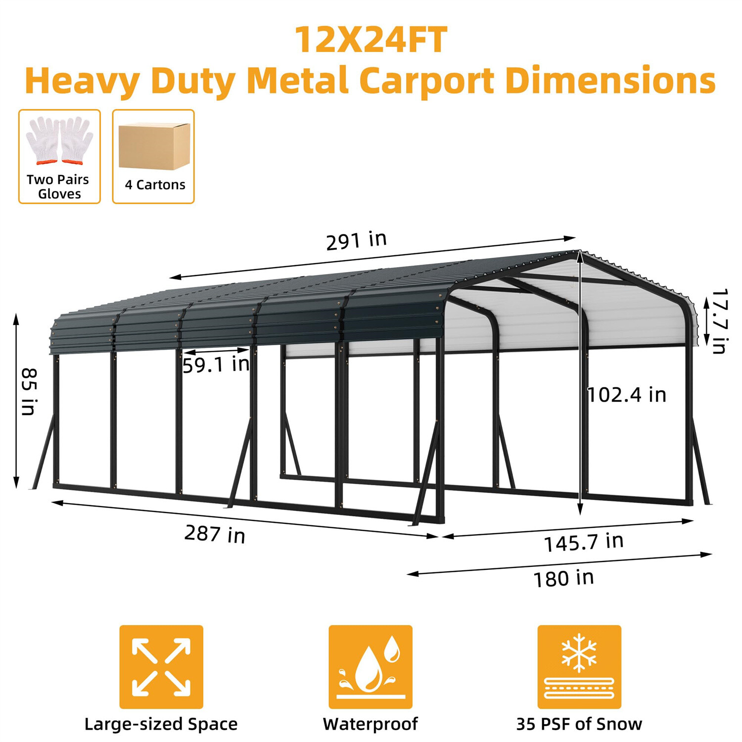 12FTx24FT Metal Carport Kit with Galvanized Steel Roof for Car Tractor