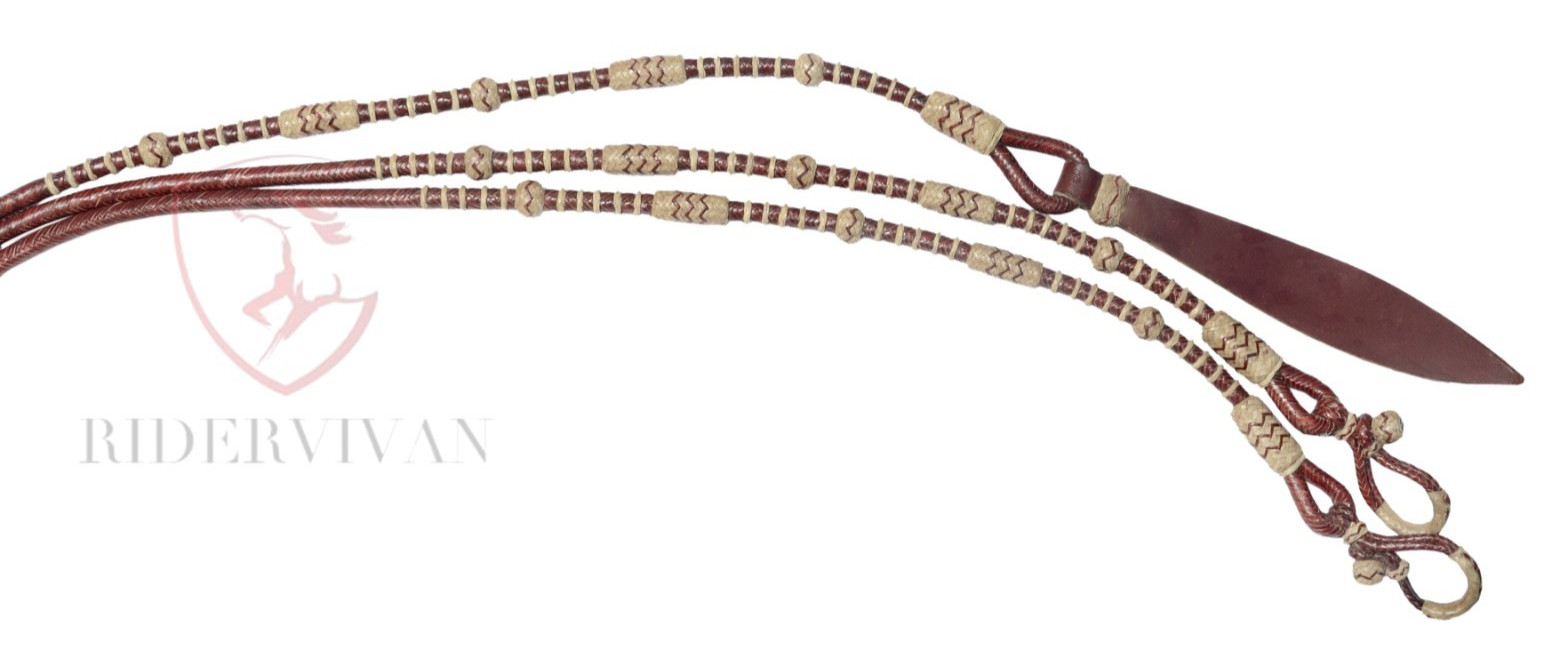 20 Plaits Romal Reins, Rommel Reins Chestnut Cherry Cow Rawhide, 55" Romal Reins
