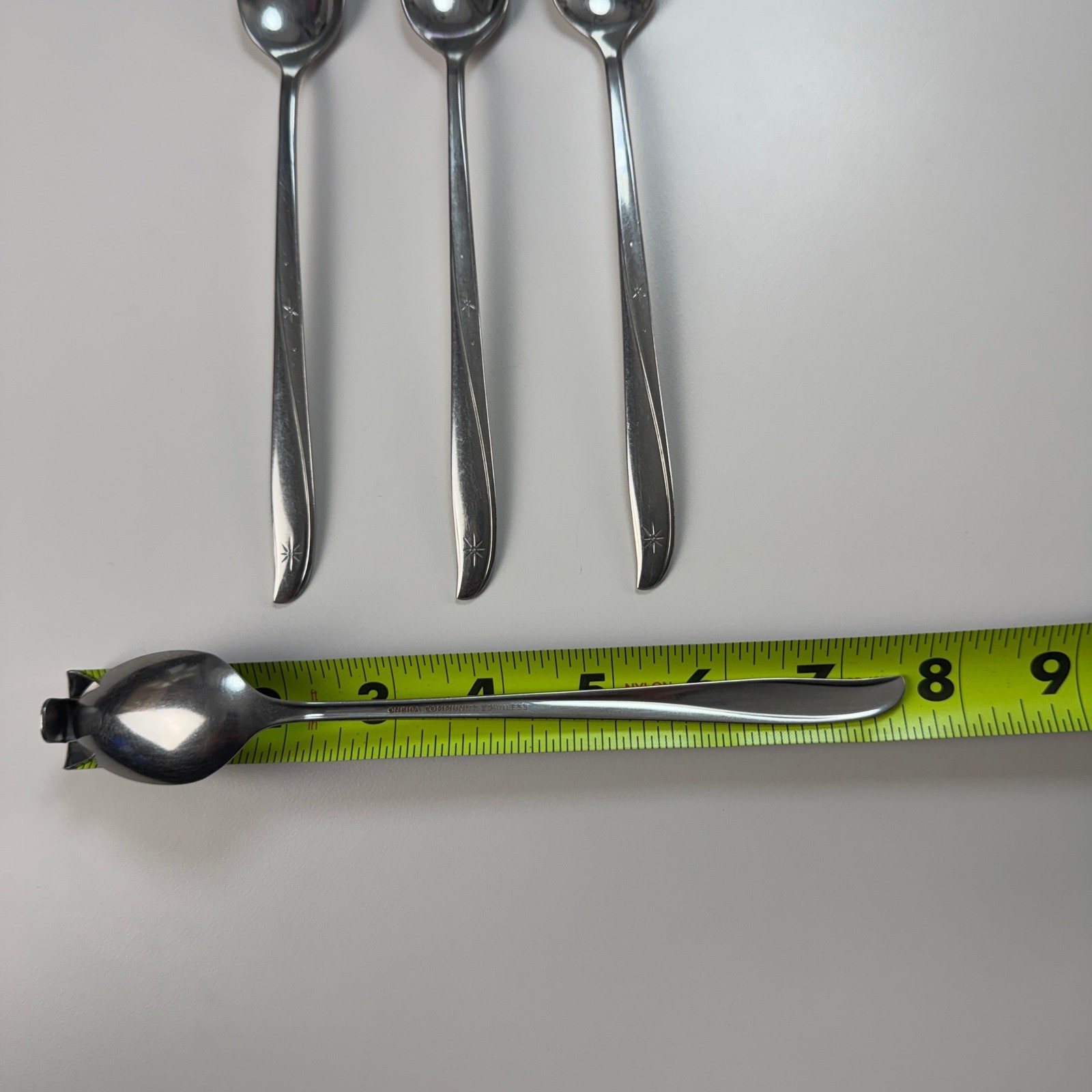 4 Iced Tea Spoons Oneida Community Twin Star Atomic Starburst MCM Stainless 7.5"