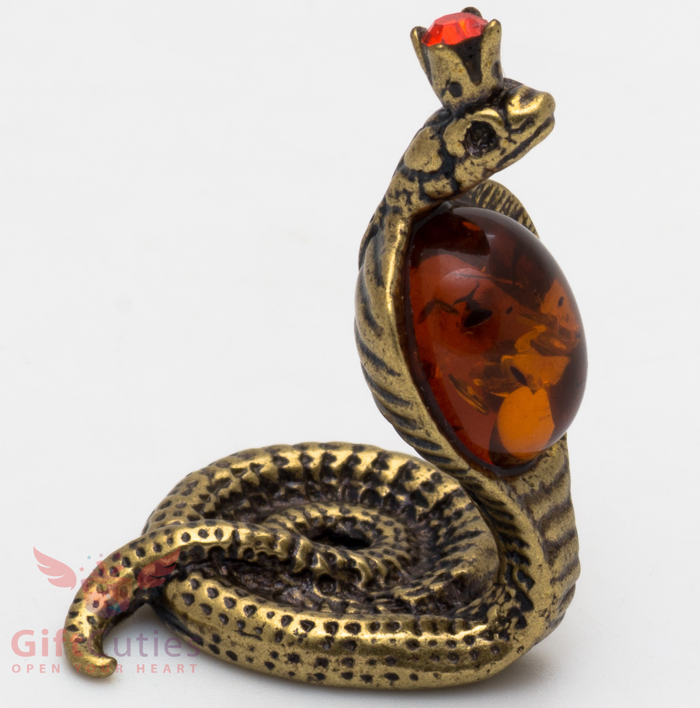 Solid Brass Amber Figurine Amulet Hood Flared Indian Cobra Snake IronWork