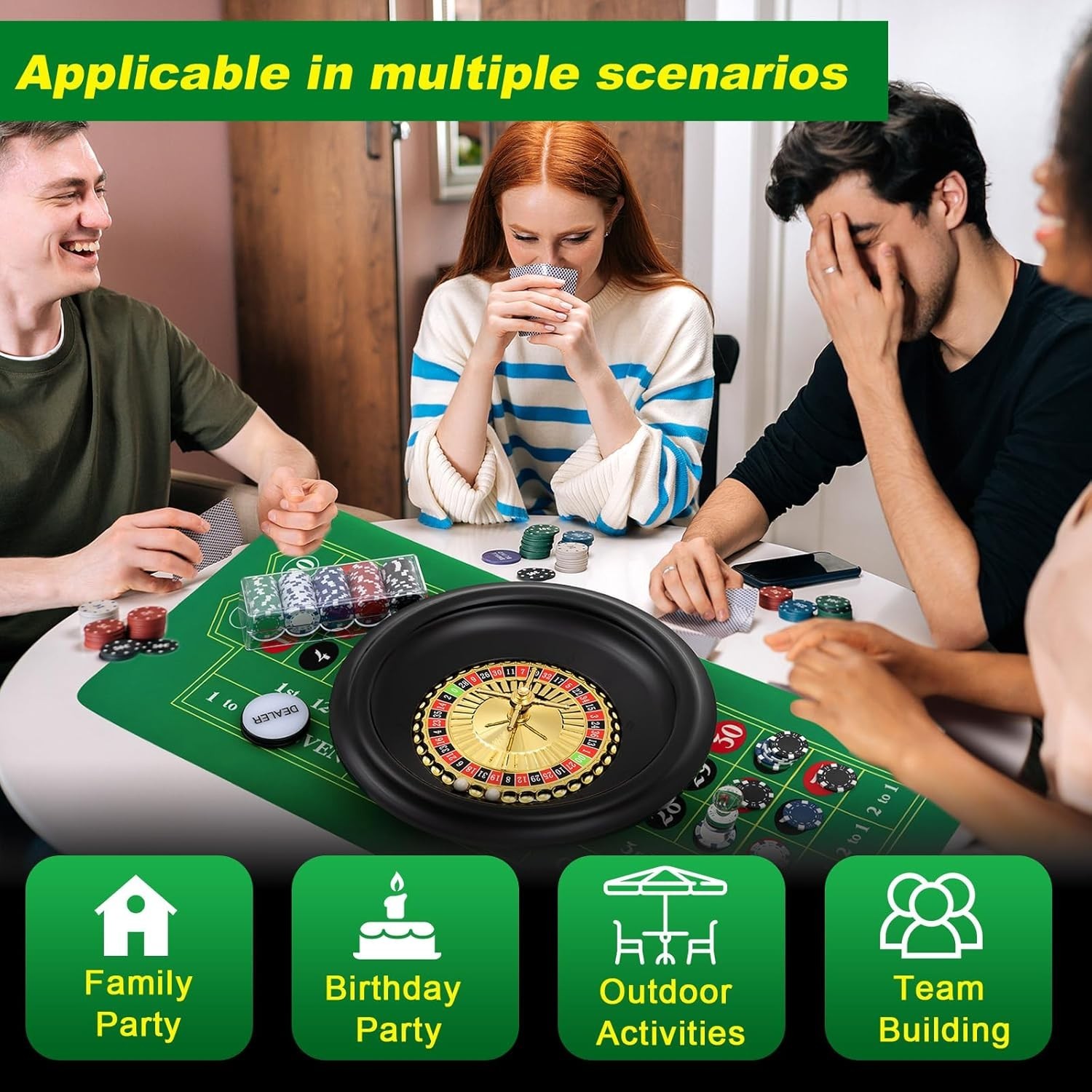 Roulette Wheel Game Set Include 16'' Black Roulette Wheel 35" x 16" Rubber Table