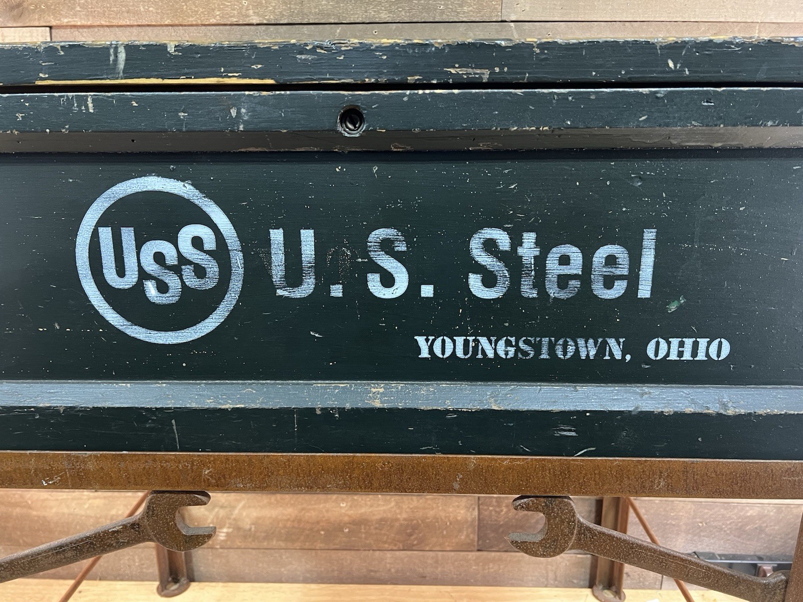 Vintage Large U.S. Steel Wooden Toolbox With Metal Base Stand
