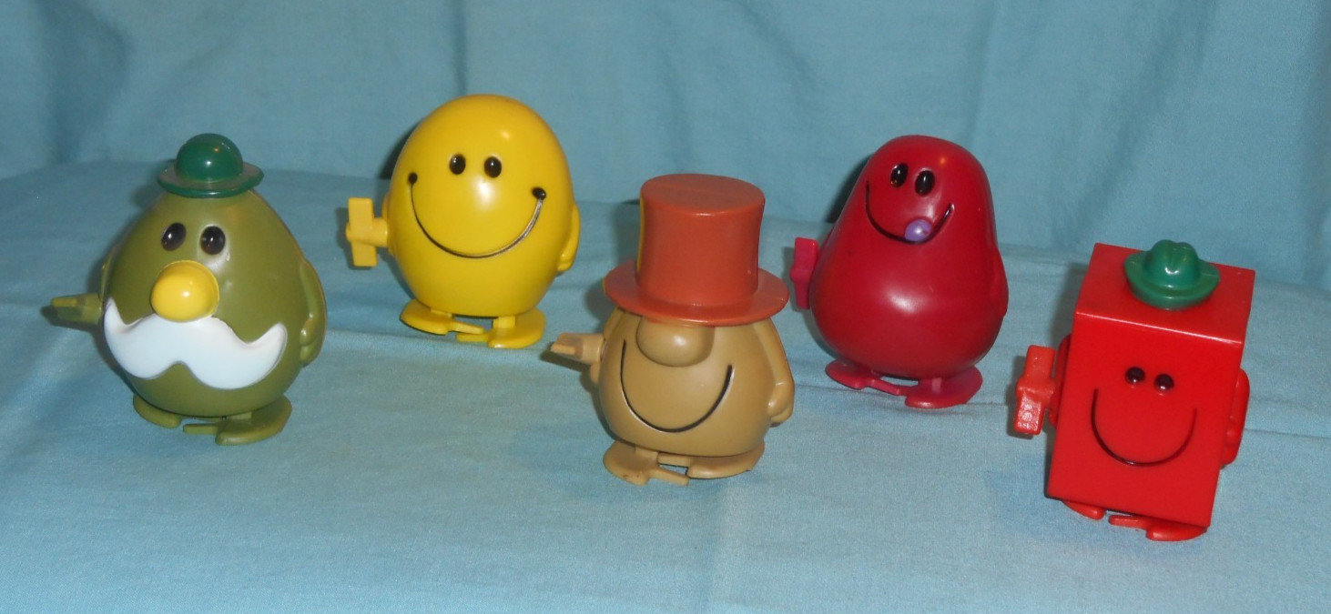 vintage Helm MR. MEN wind-up walking toys lot Mr. Slow Greedy Happy Silly Strong