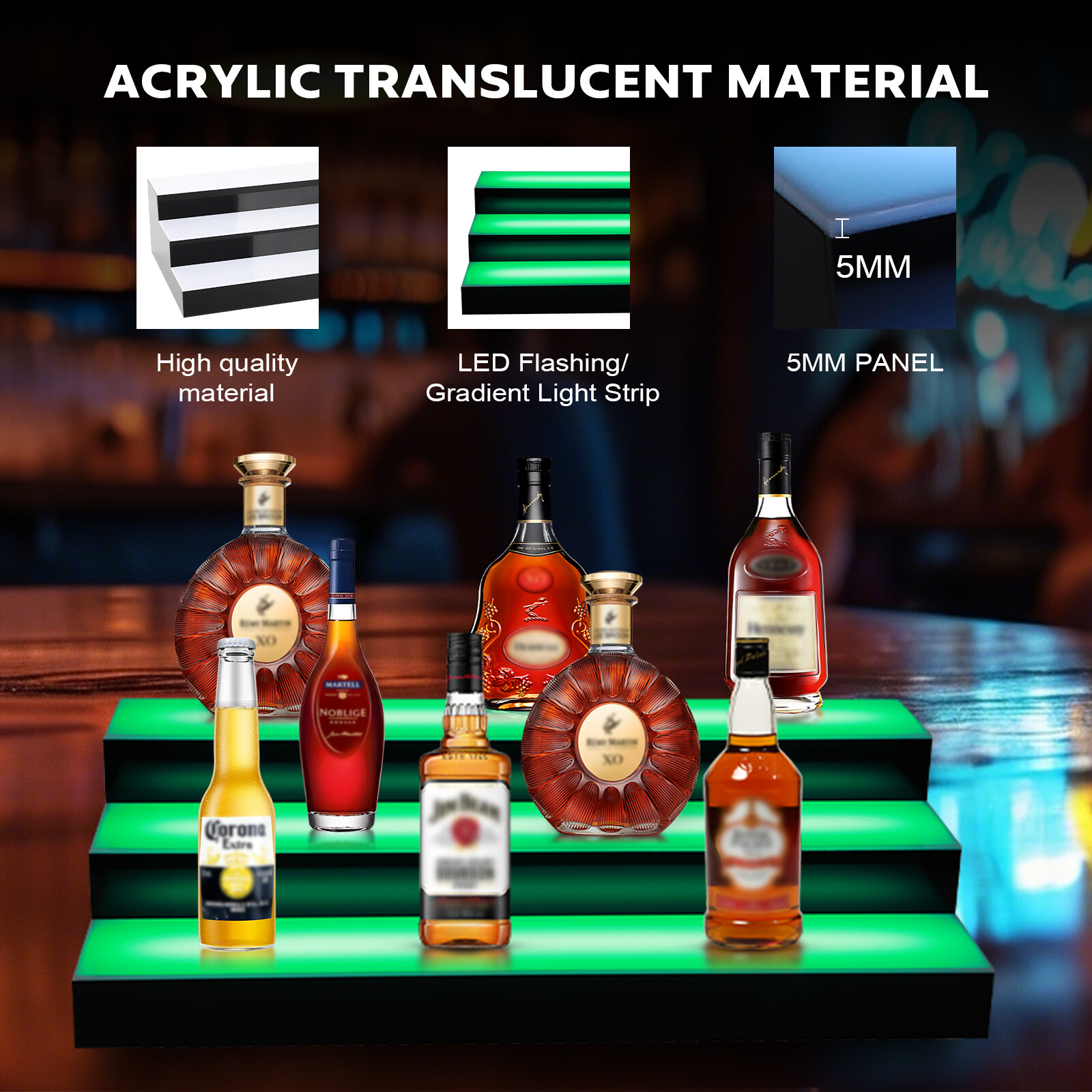 3 Tiers 30 Inch LED Lighted Liquor Bottle Display, Adjustable Brightness & Color