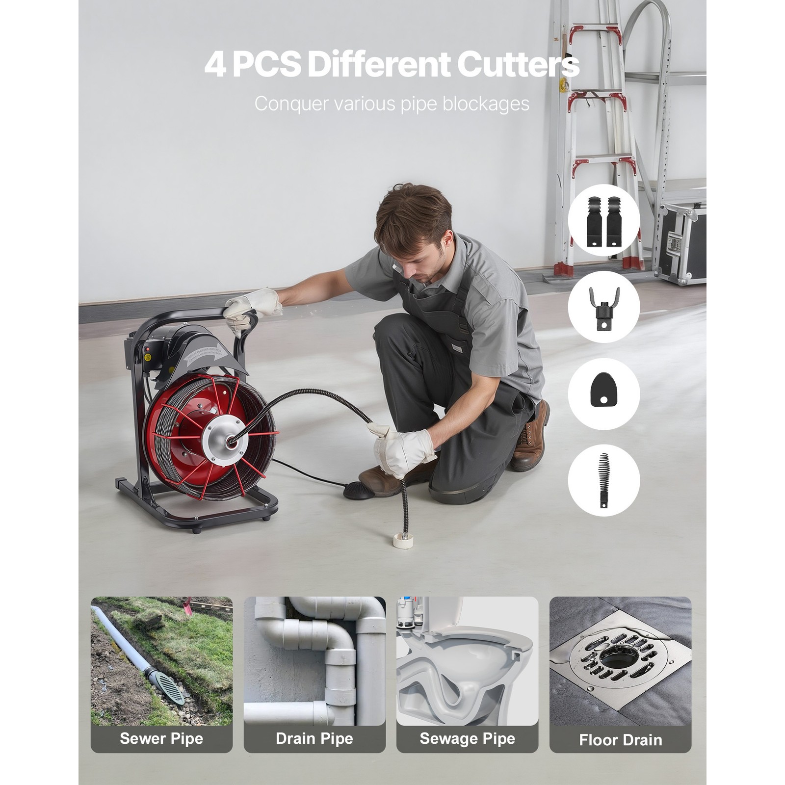 Uimoso Drain Cleaning Machine with 75FT x 1/2 In Cable and 4 Cutter Attachments