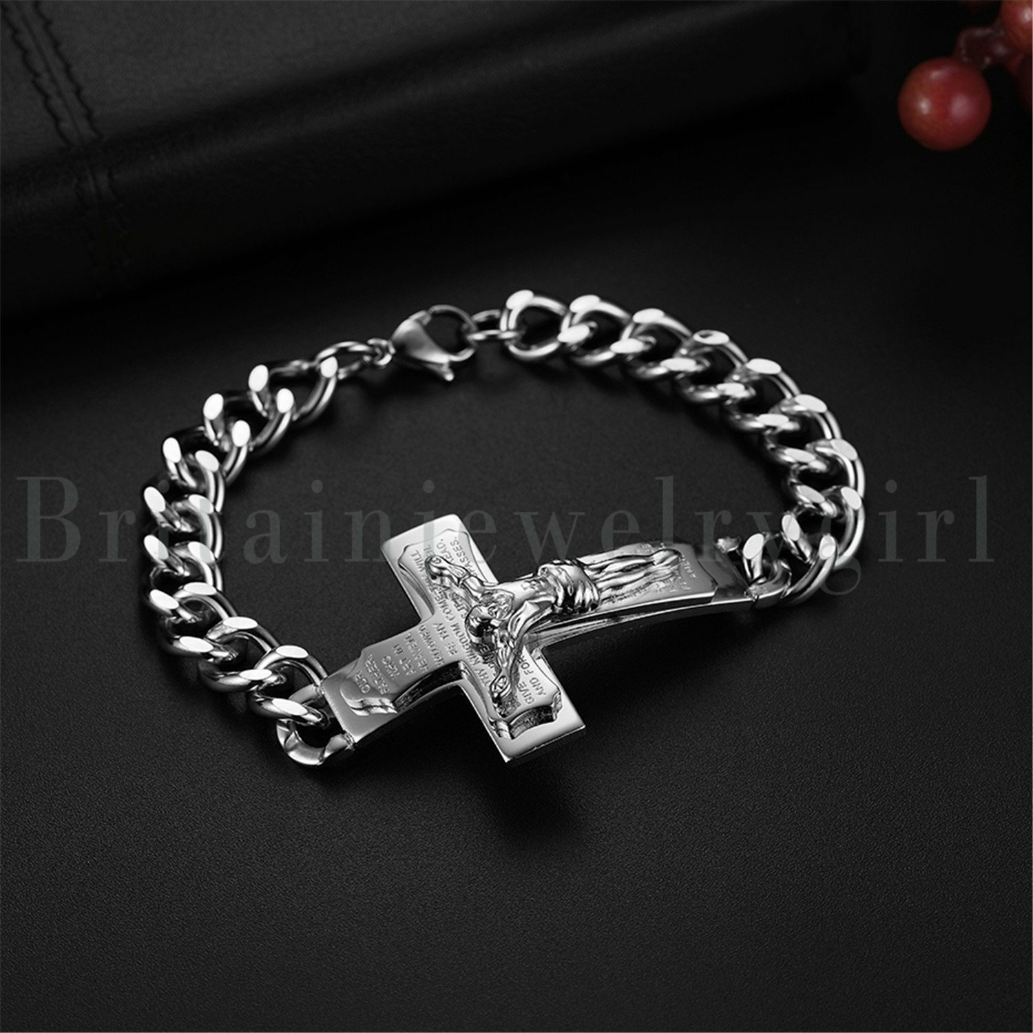 Stainless Steel Jesus Crucifix Cross Prayer Curb Chain Bracelet Wristband Men