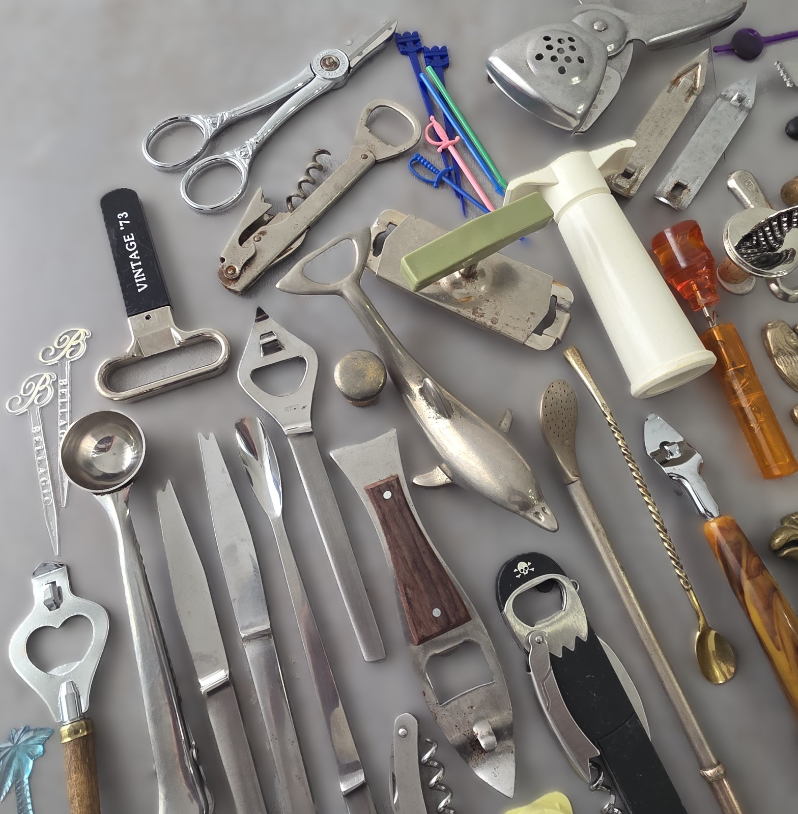 58 pc Lot of Vintage Bottle Openers, Picks, Barware, Bronze, Brass, Chrome, etc.