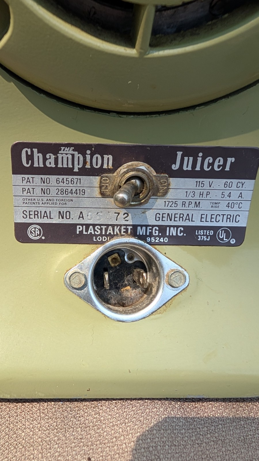 Champion Juicer Avocado heavy duty. "Cord shows wear but works fine"