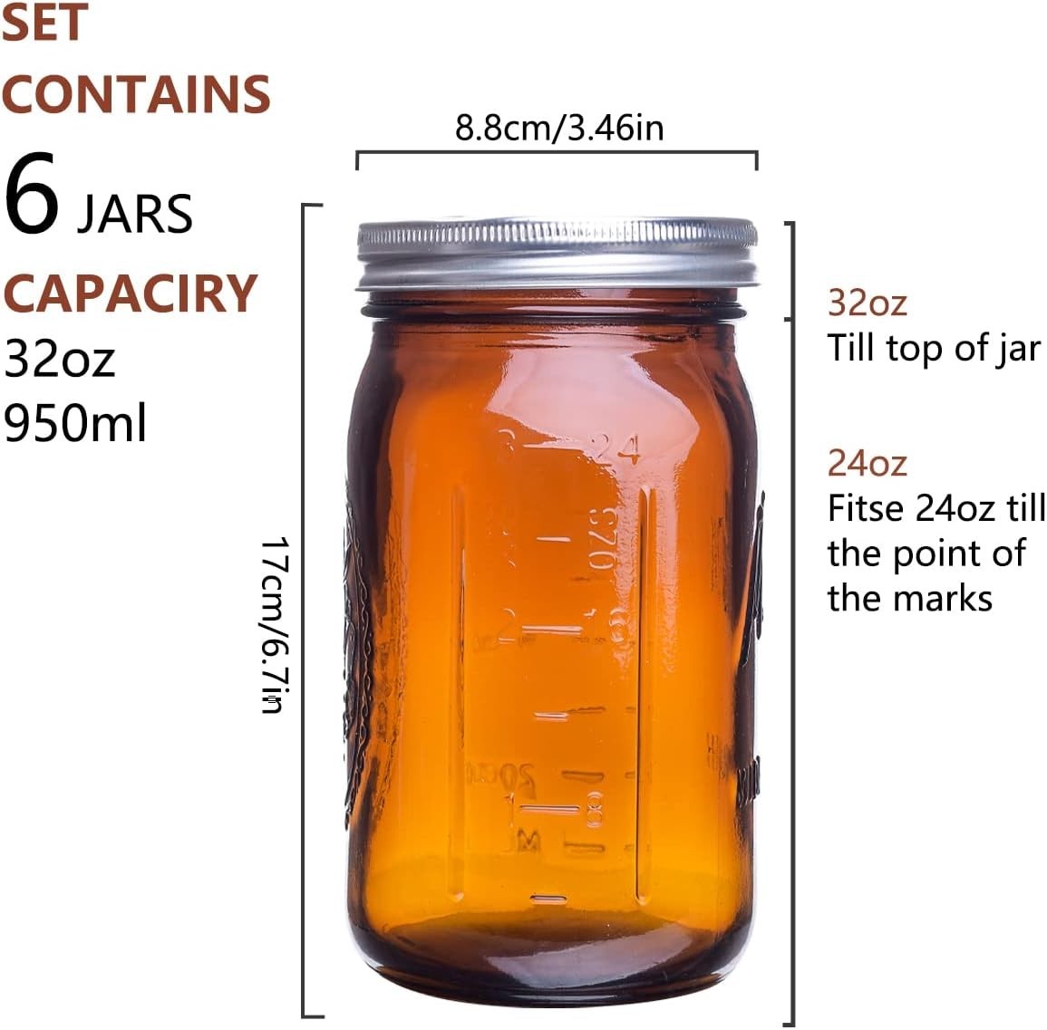 6 Pack Ball Amber Quart Mason Jars 32Oz Canning Glass Jars Fermenting Jam Lids