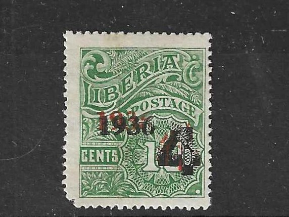 Liberia 1936, 4c double overprint on 10c, one overprint in RED, NH #250