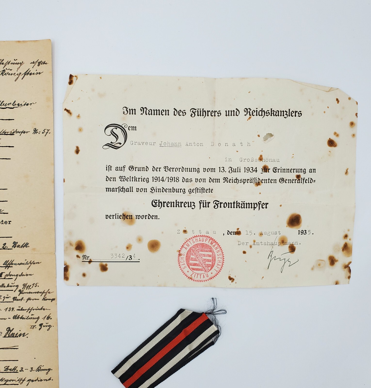 WWI WW1 Original German Somme veteran service record set award documents ribbon