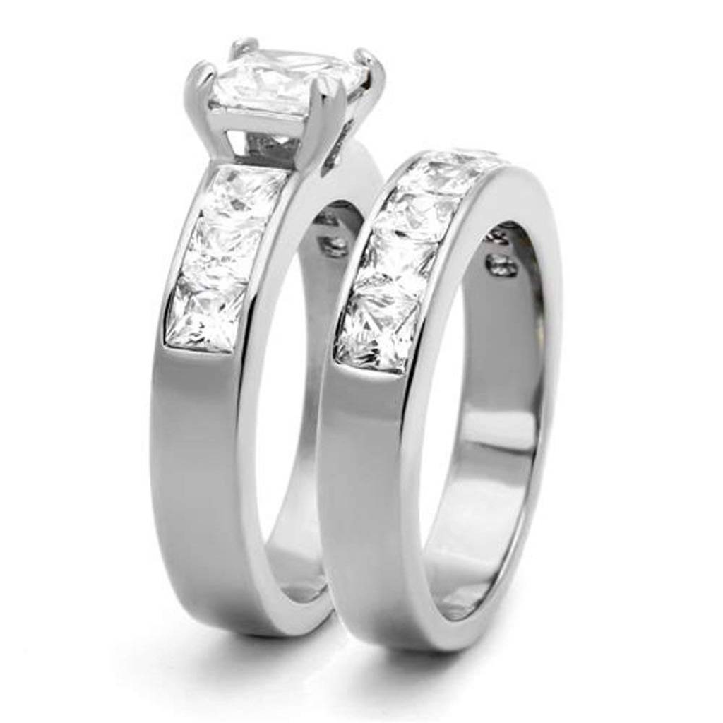 Princess Round Cut AAA CZ Stainless Steel Wedding Band Ring Set Women Size 6-10
