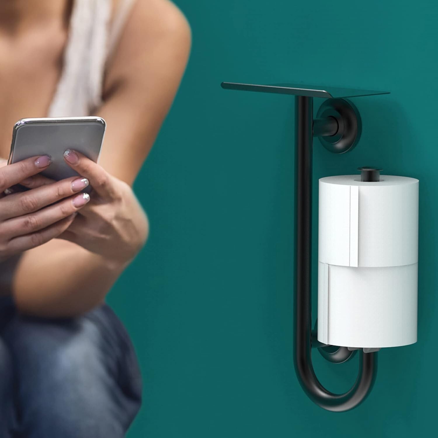 3-in-1 Stainless Steel Double Toilet Paper Holder with Heavy Duty Grab Bar and T