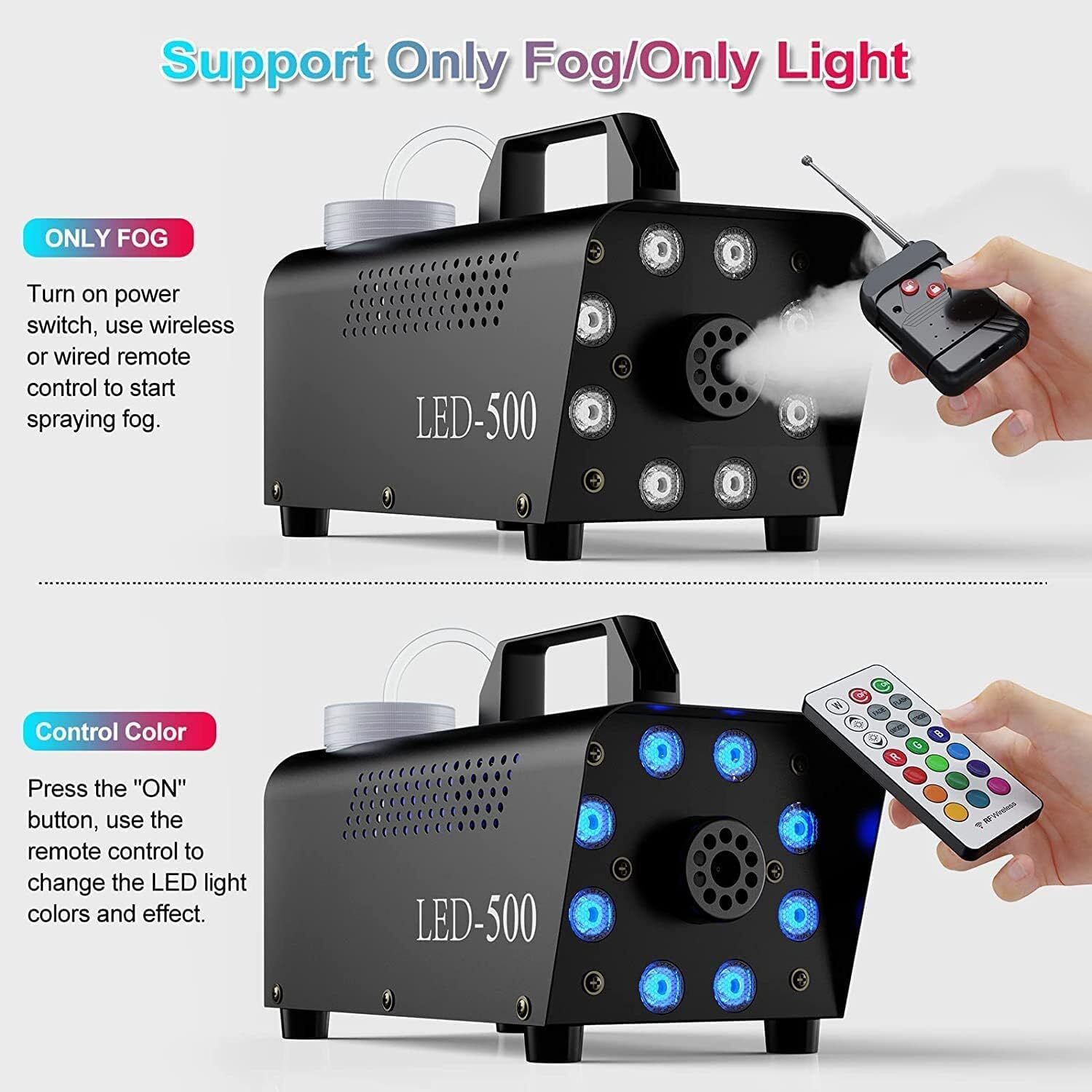 Smoke Machine, Fog Machine 8 LED Lights ,Wireless Remote Controls