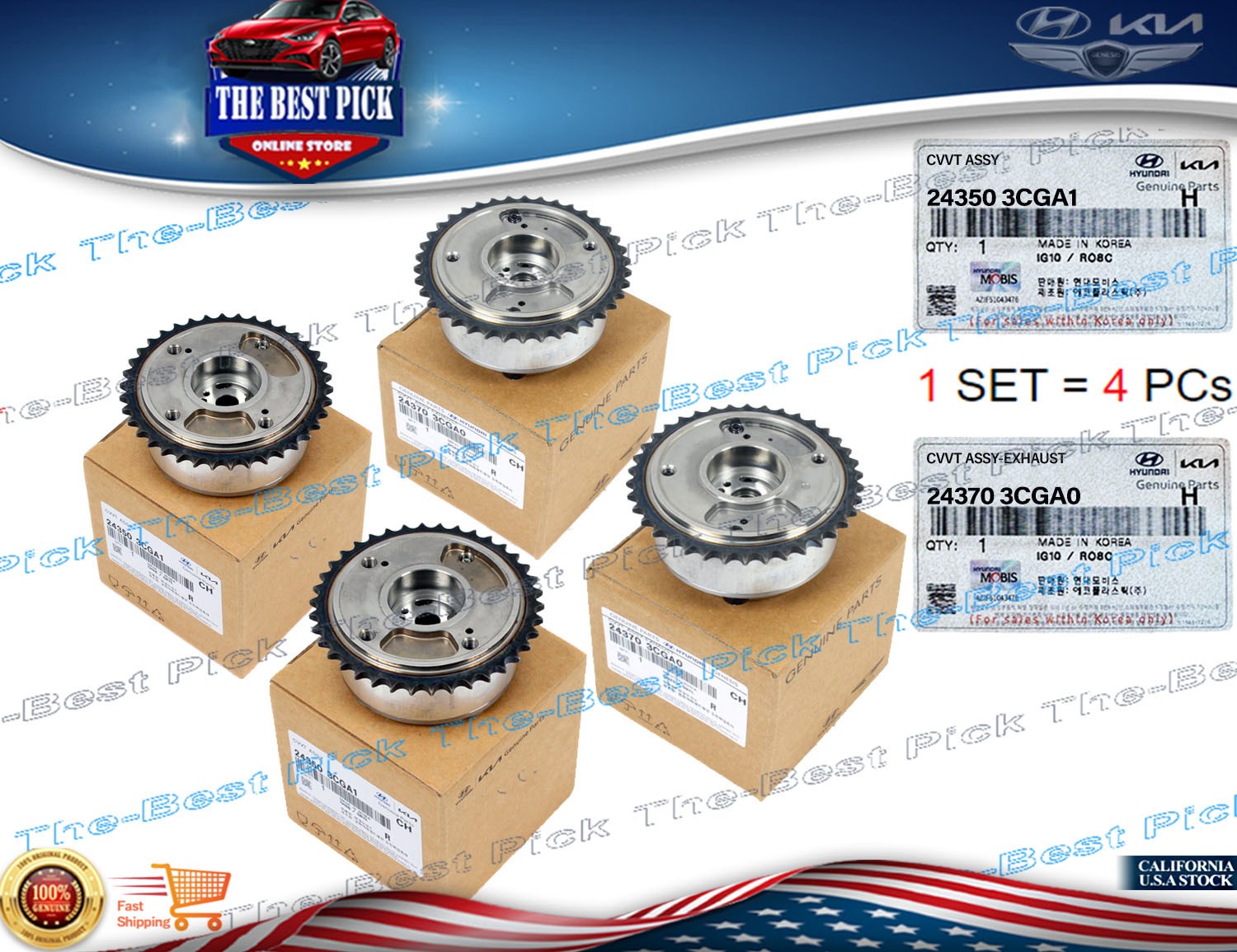 ⭐OEM⭐ Intake & Exhaust CVVT Gear Set 4 PCS For 2014-2020 Genesis Hyundai Kia V6