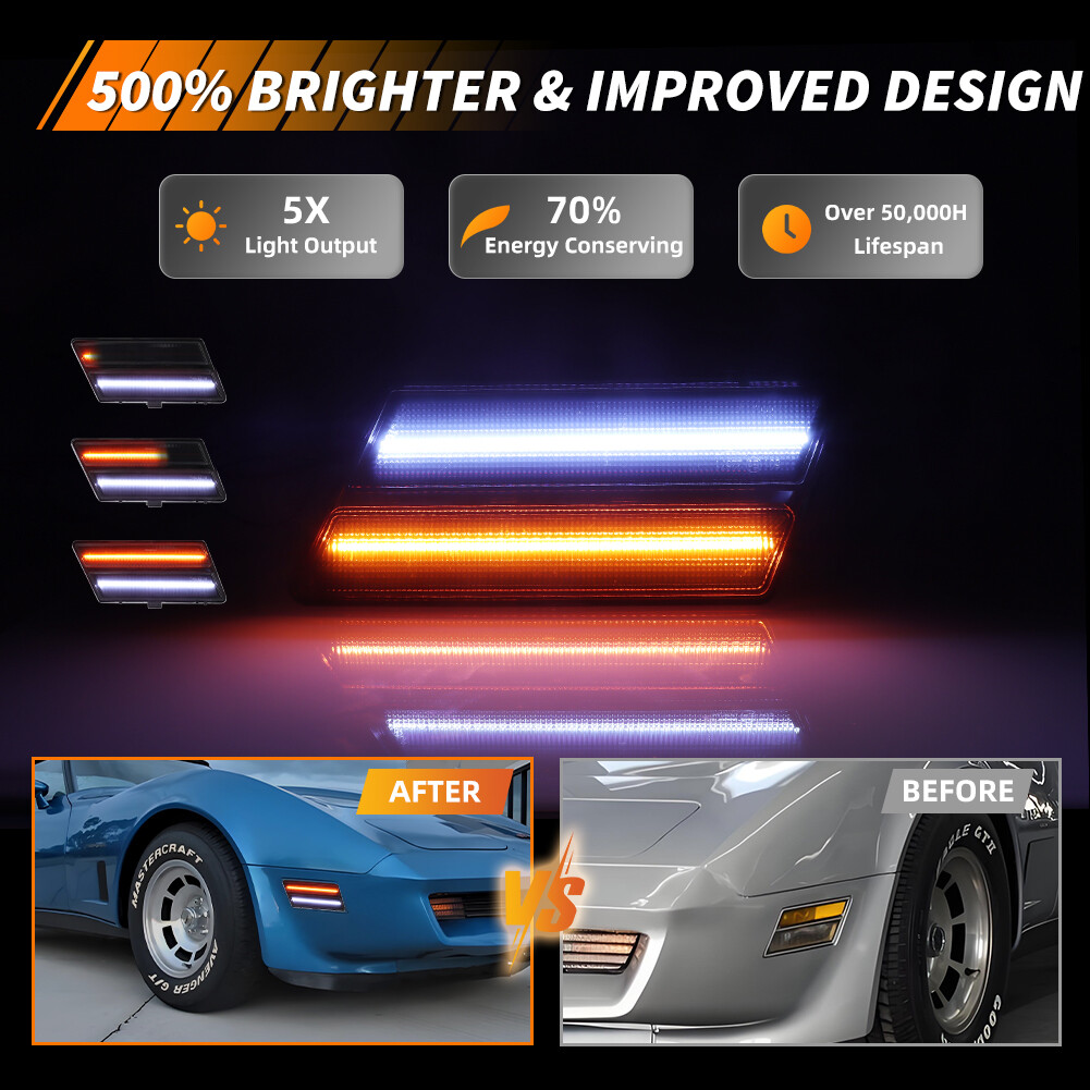 2X Smoked Dynamic LED Front Turn Signal Side Marker Lights For 80-82 Corvette C3