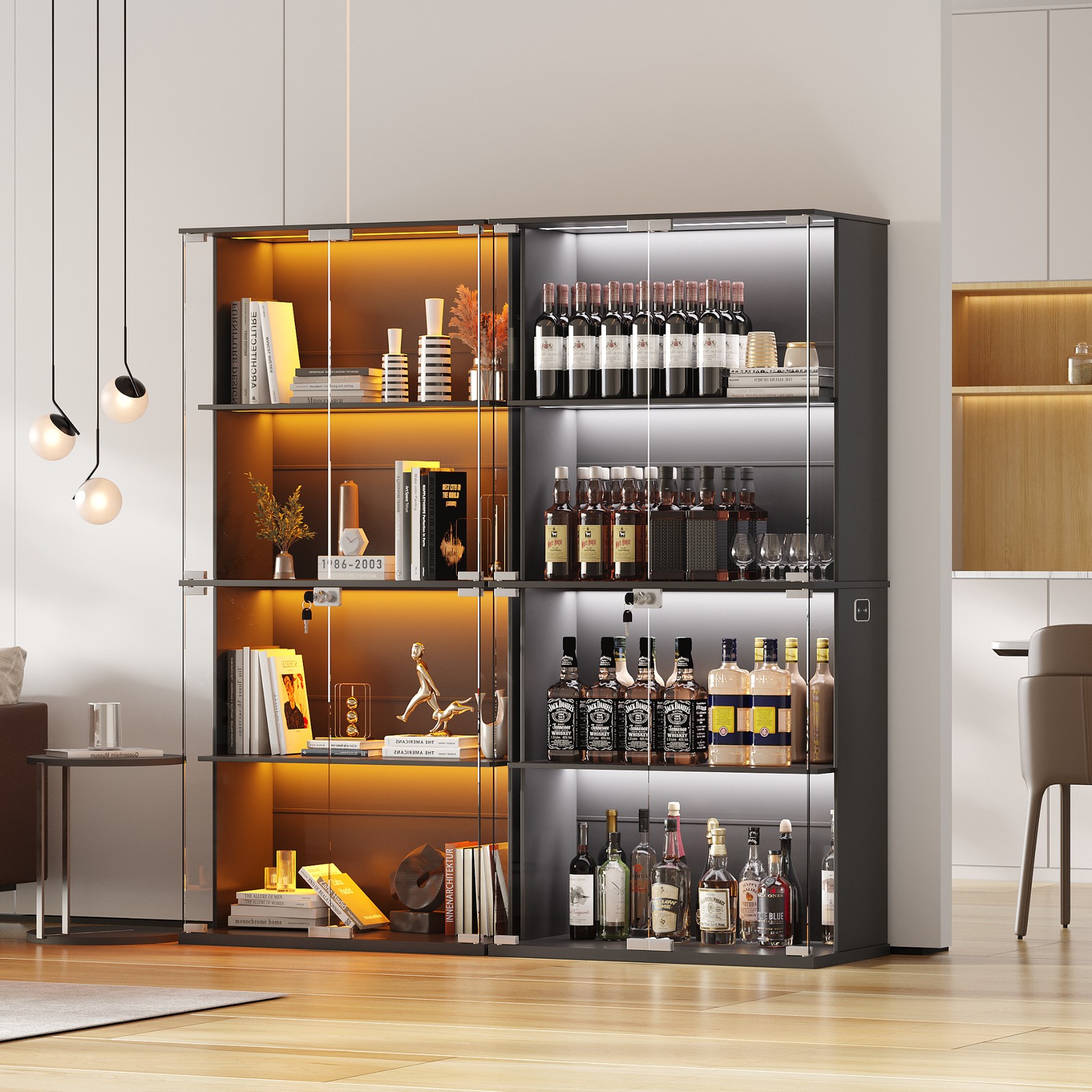 Display Cabinet with Glass Doors, Curio Cabinet with LED Lights for Collectibles