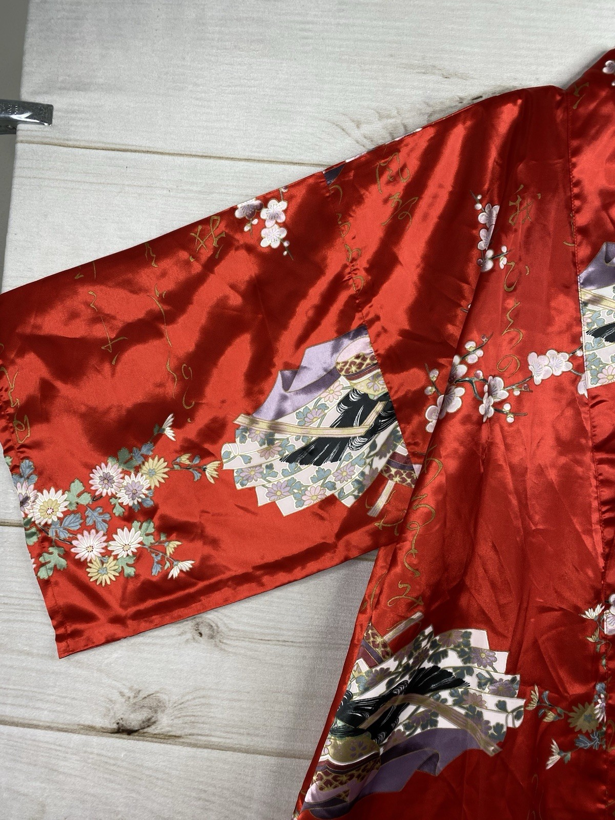 Vtg Sakurai Shoji Japan Red Floral Kimono Robe Fan Print Cherry Blossom Geisha