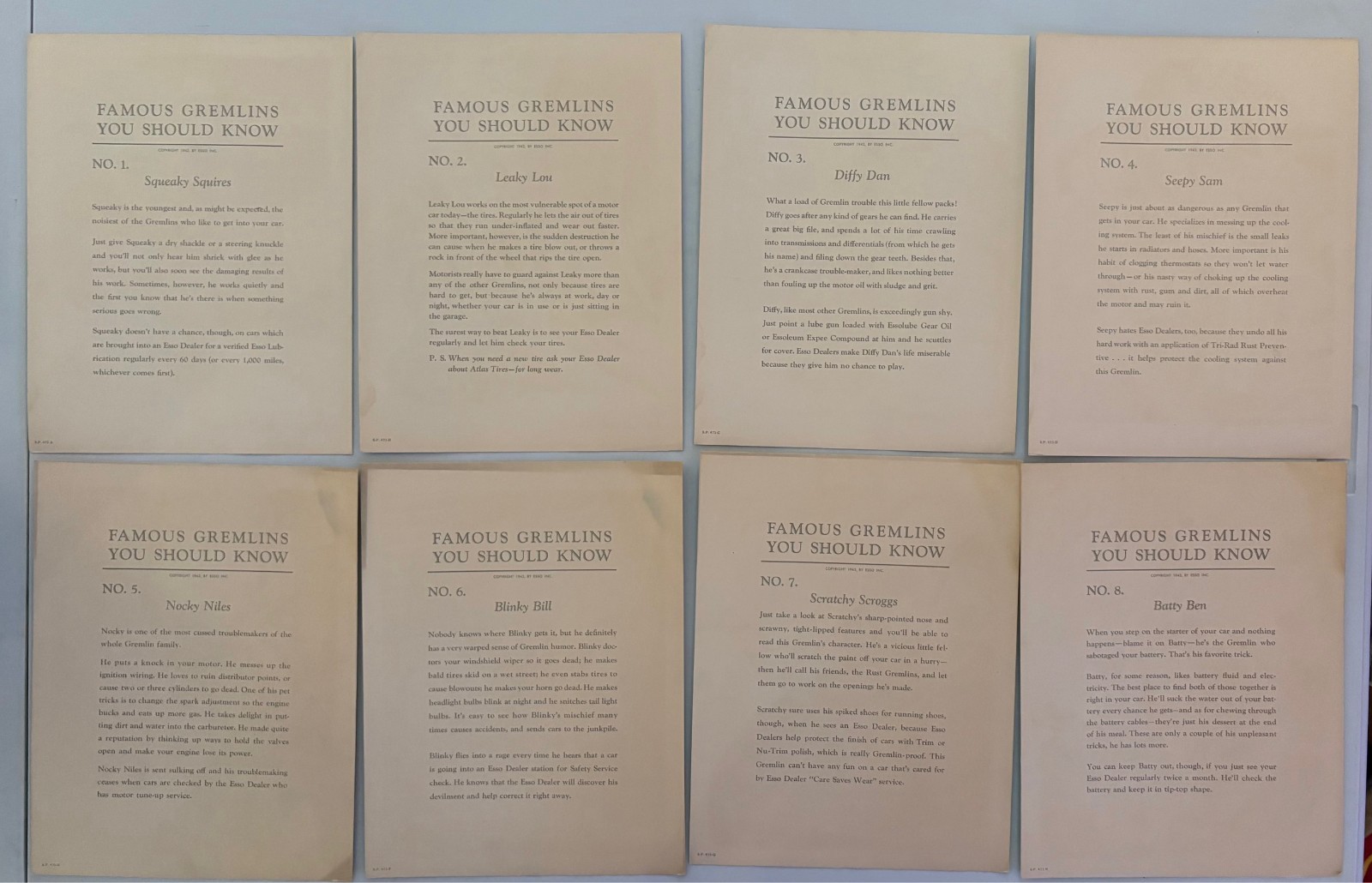 Vintage WW2 Advertising - RARE FULL SET 8x Esso Gremlins you should know 1943