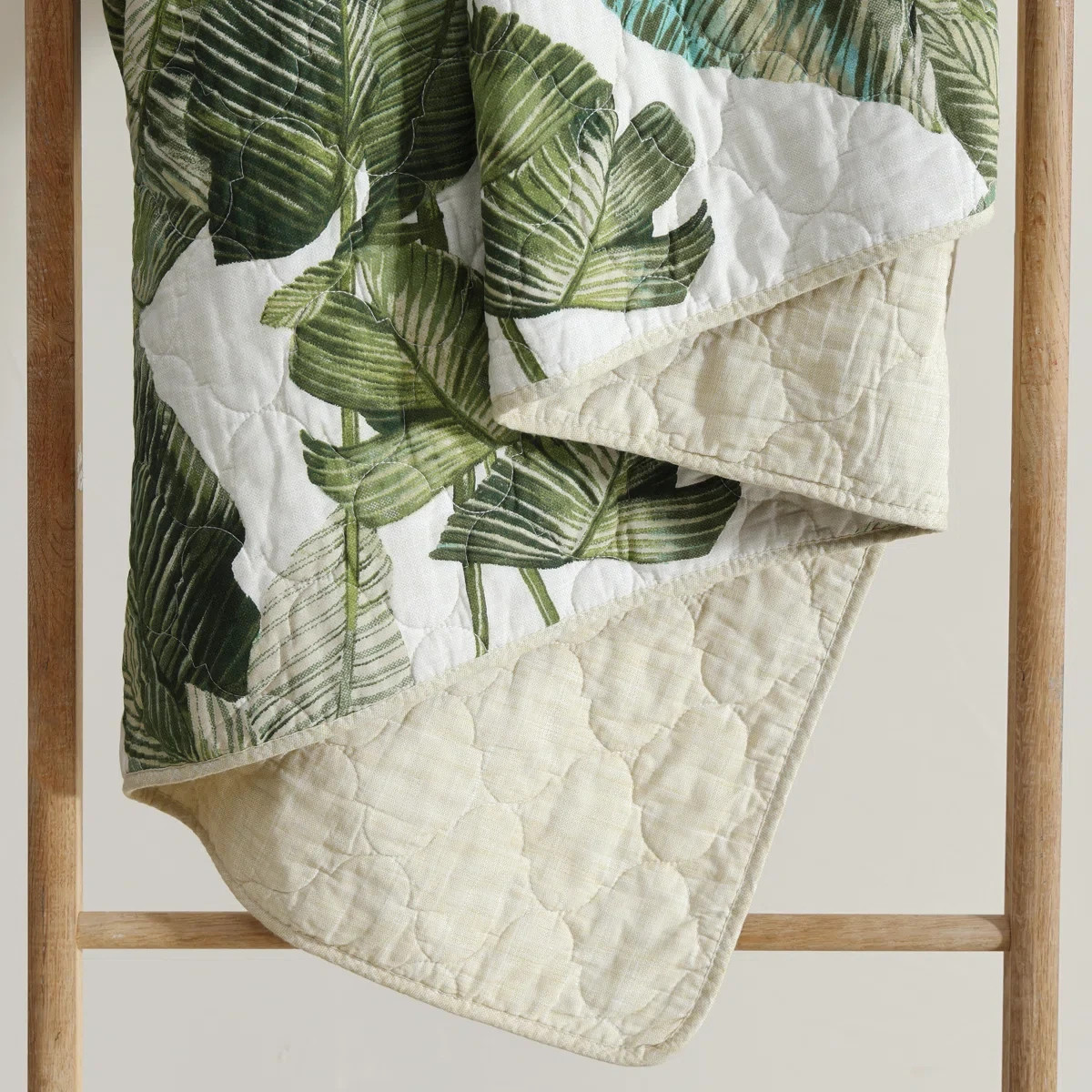 Queen Quilt Set Green Coastal Botanical Tropical Floral Bahama Exotic Leaves 3Pc