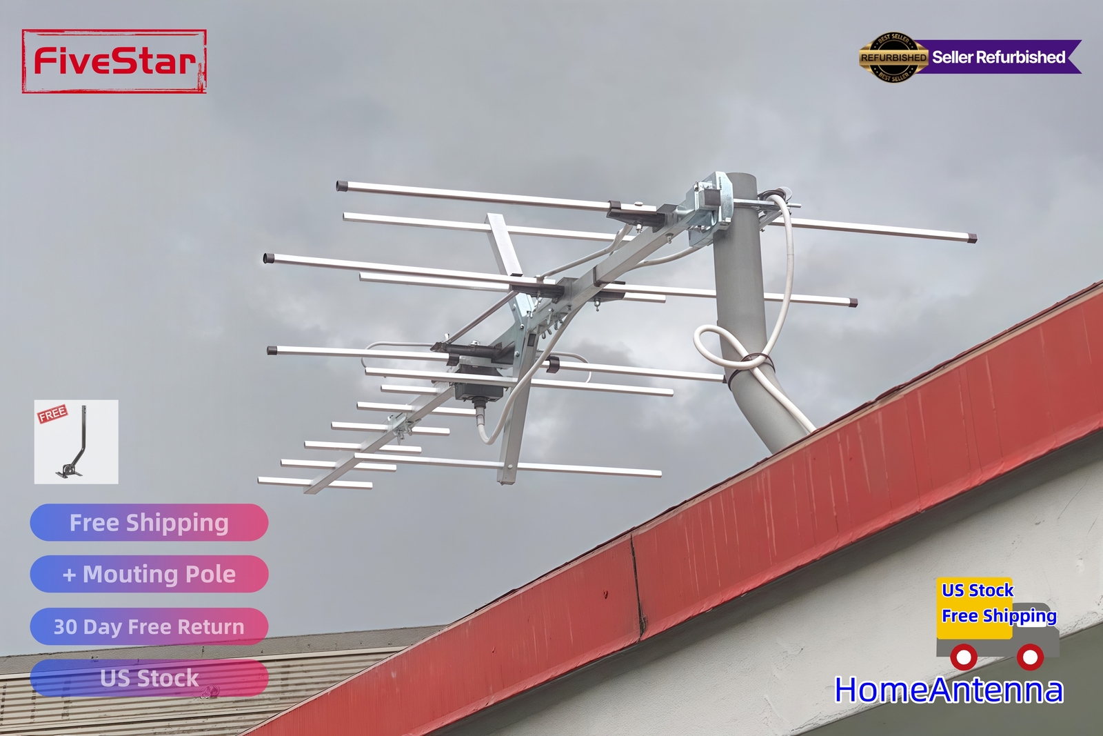 Yagi HD TV Antenna Attic or Roof Mount up to 200 Mile Range TV Antenna