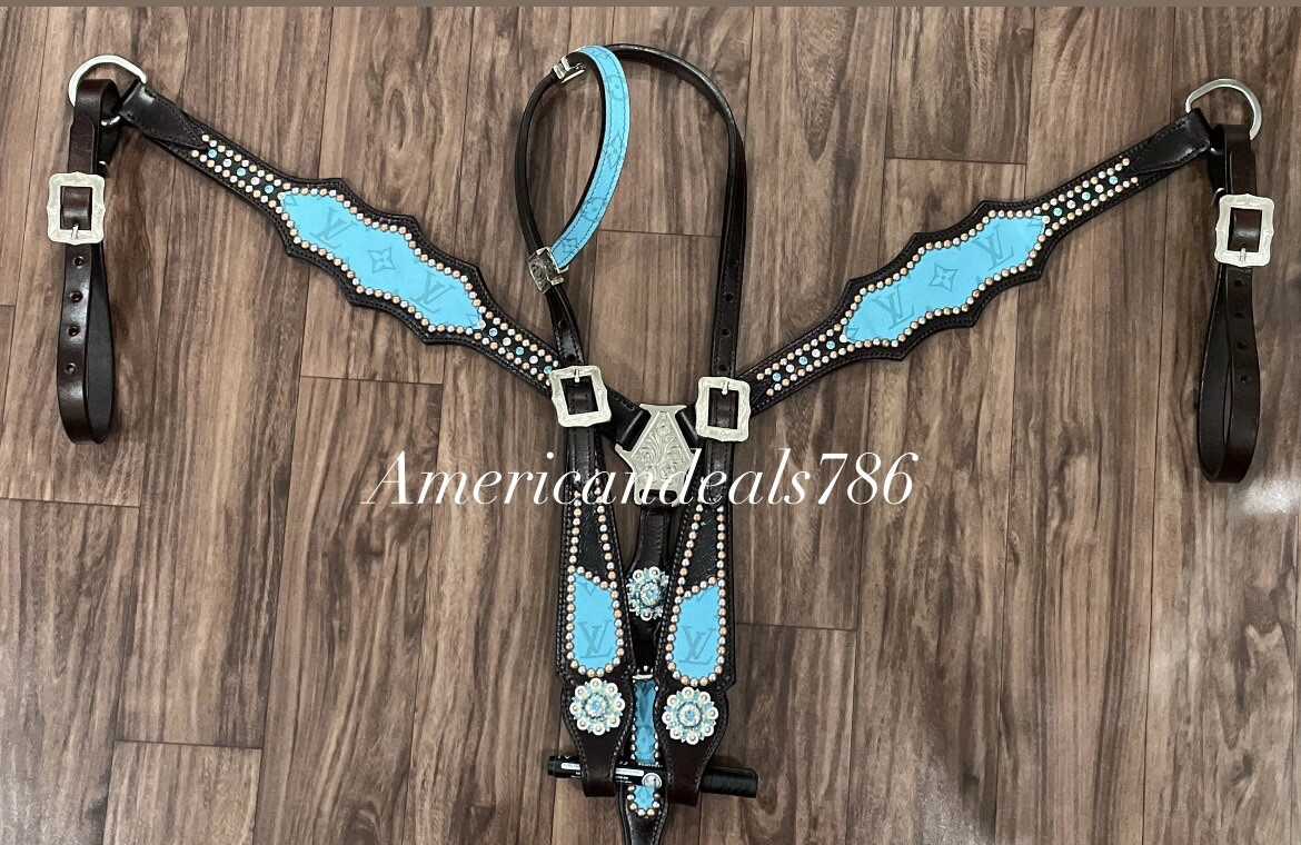 Western Brown Leather Bling Tack Set With Turquoise Overlay Leather