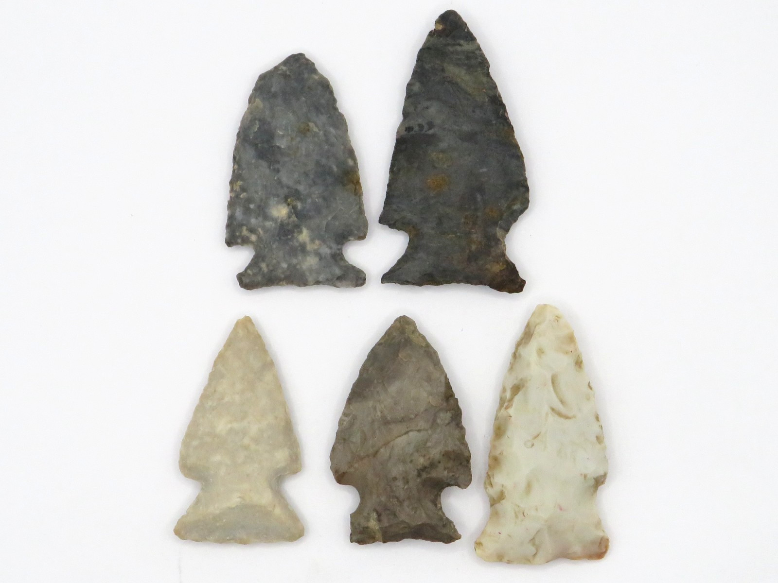 5pc LOT of NOTCHED INDIAN ARROWHEAD - AUTHENTIC w GREAT COLORS**