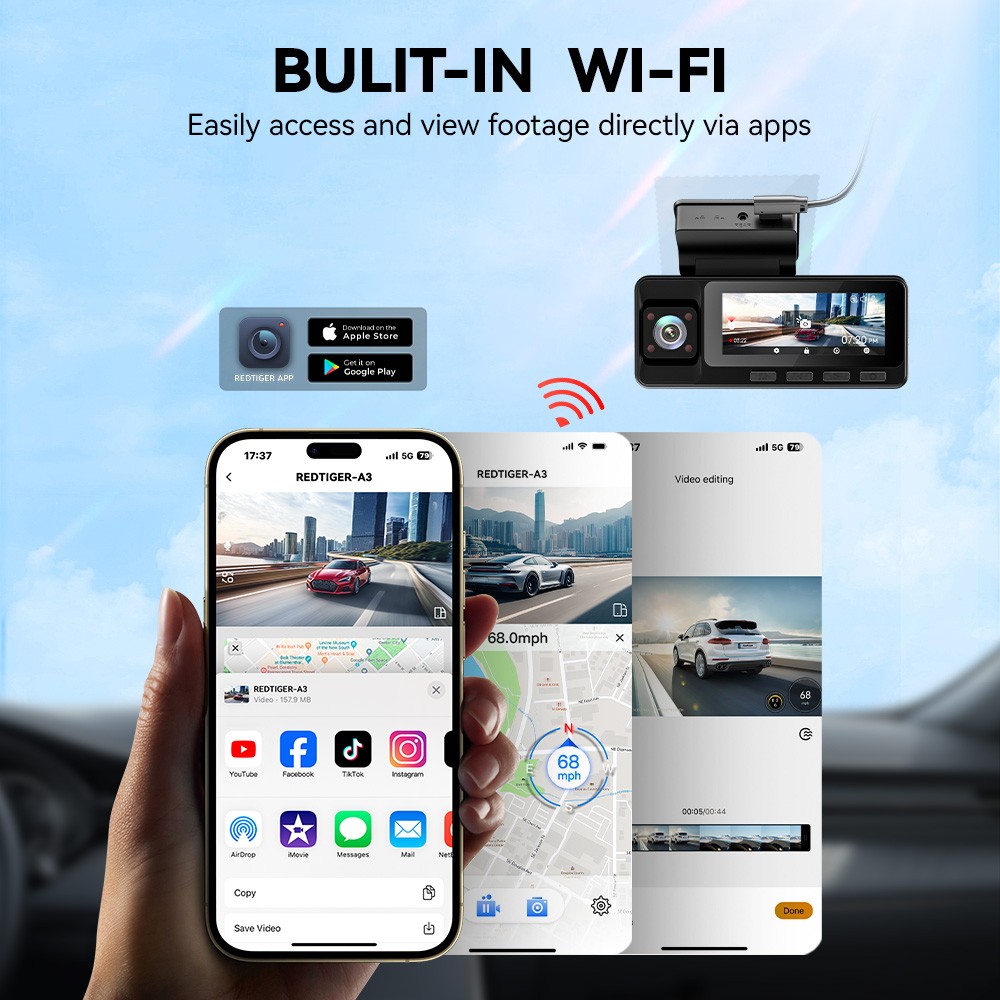 REDTIGER A3 3 Channel Dash Camera With 128GB+32GB Card 2.5K+1080P+1080P IRCamera