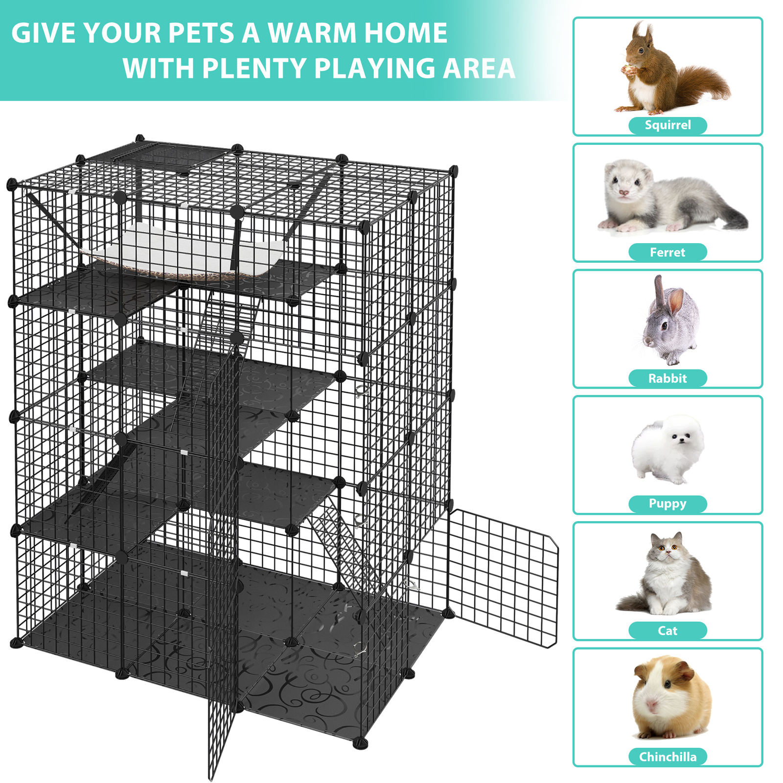 4-Tier Cat Cage Indoor Cat Enclosures DIY Detachable Metal Cat Kennel w/Hammock