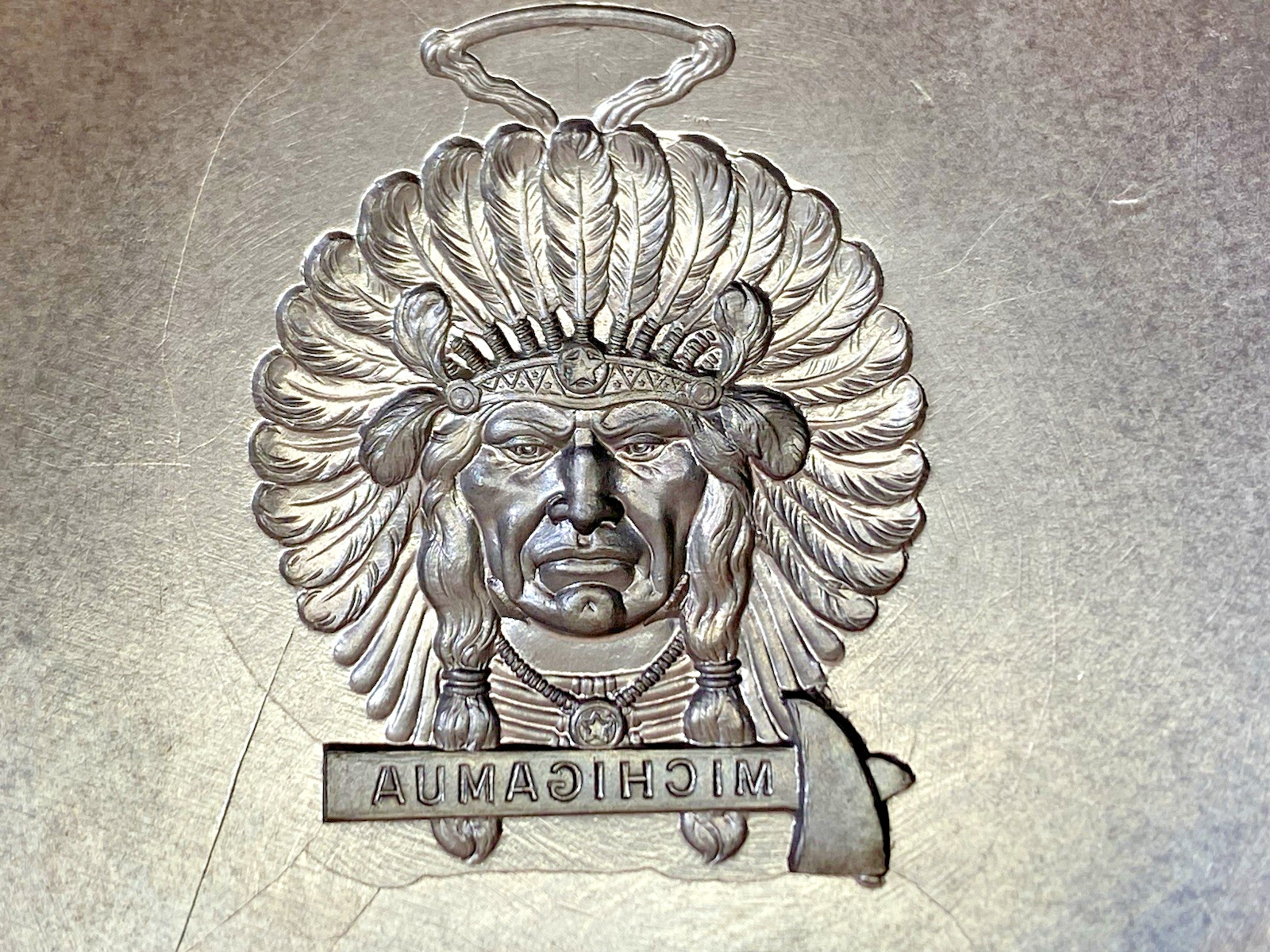 VTG Die Mold Native American Indian Chief Michigamua Tomahawk Watch Fob Medal