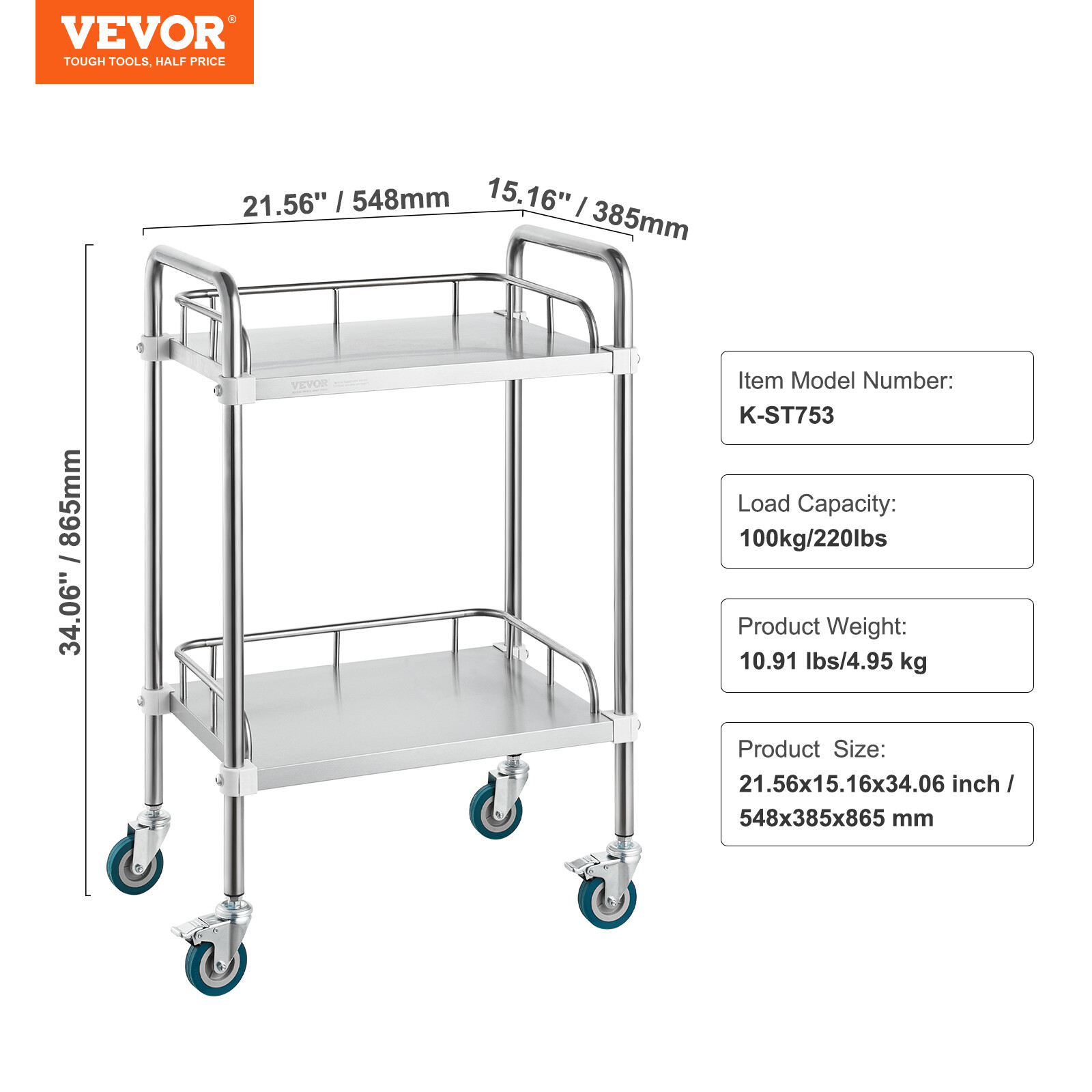 VEVOR Lab Rolling Cart 2-Layer Stainless Steel Medical Dental Lab Serving Cart