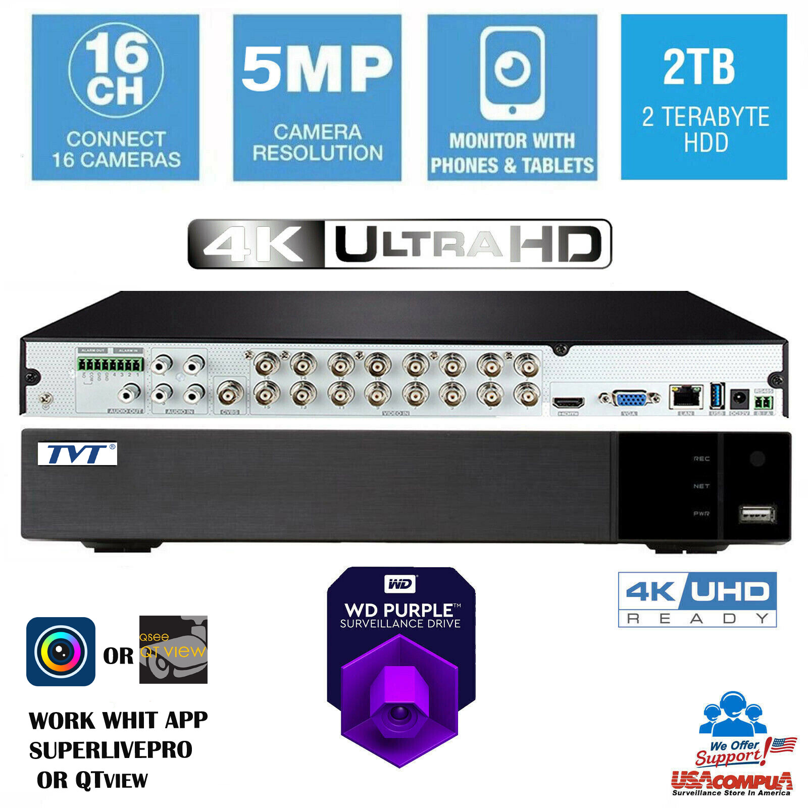 TVT 16 Channel QTH167-2 SIMILAR  Model 2019 5MP 2TB Hybrid Security System.