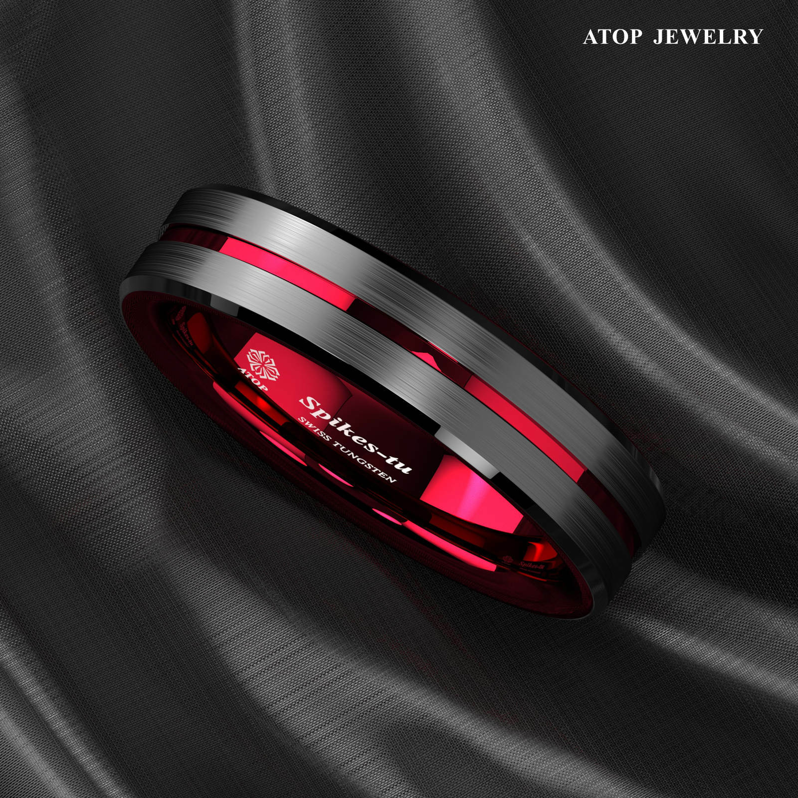 8/6mm Black Tungsten Carbide Thin Red Line Wedding Band Ring ATOP Men's Jewelry