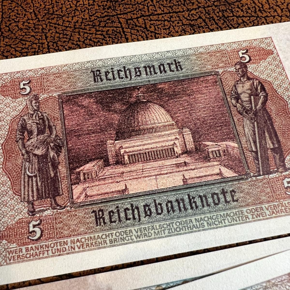 1945 Germany 5 3rd Reich set of Reichsmark banknotes. Hitler, Goebbels, Goering.