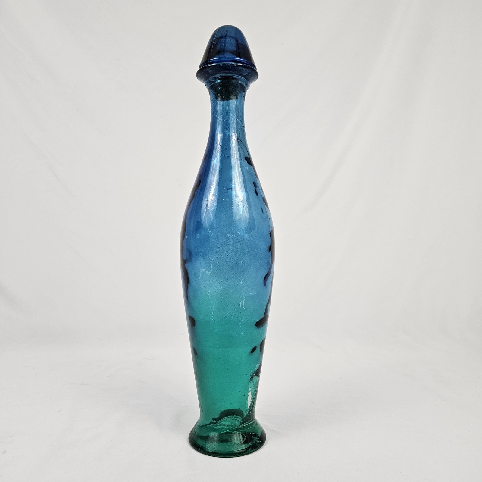 Vintage Blown Glass Decanter Genie Bottle 19” Tall W/ Stopper Blue Flash Pier 1