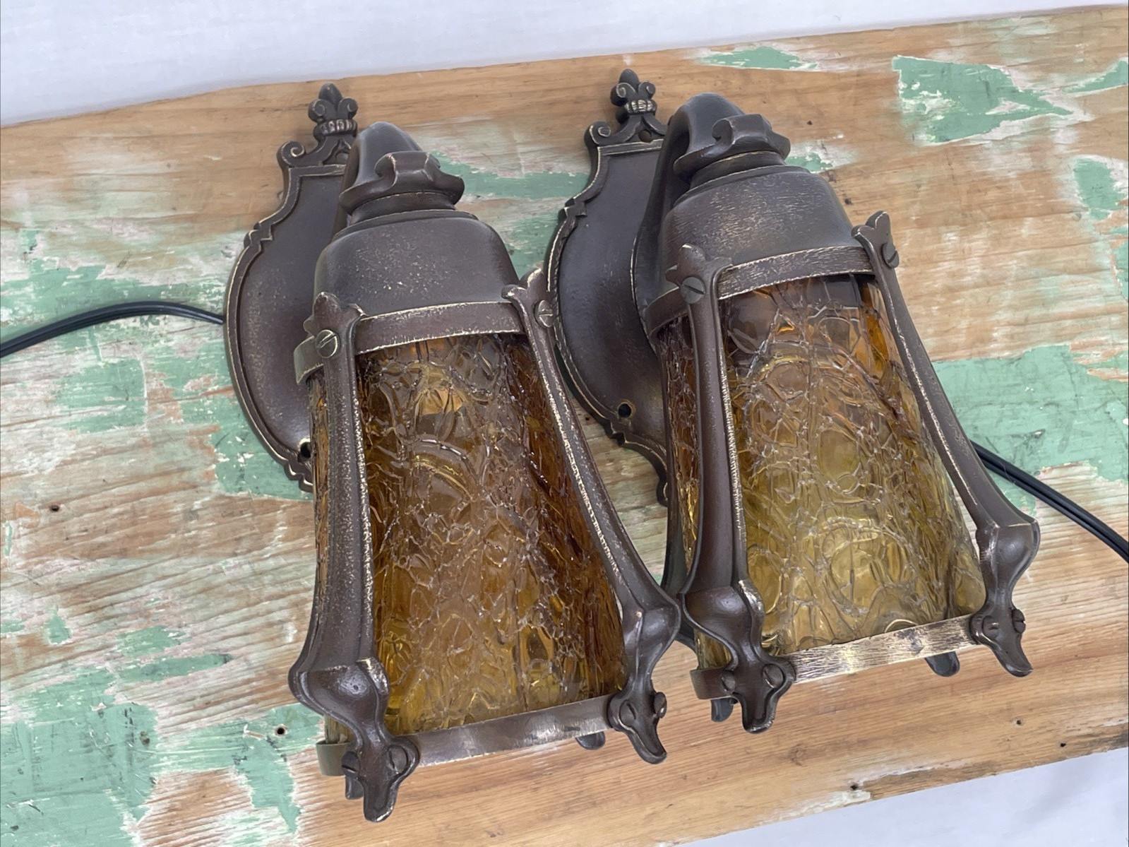 RESTORED Pair Antique Vtg Tudor Arts Crafts Wall Sconces Amber Glass Porch Light