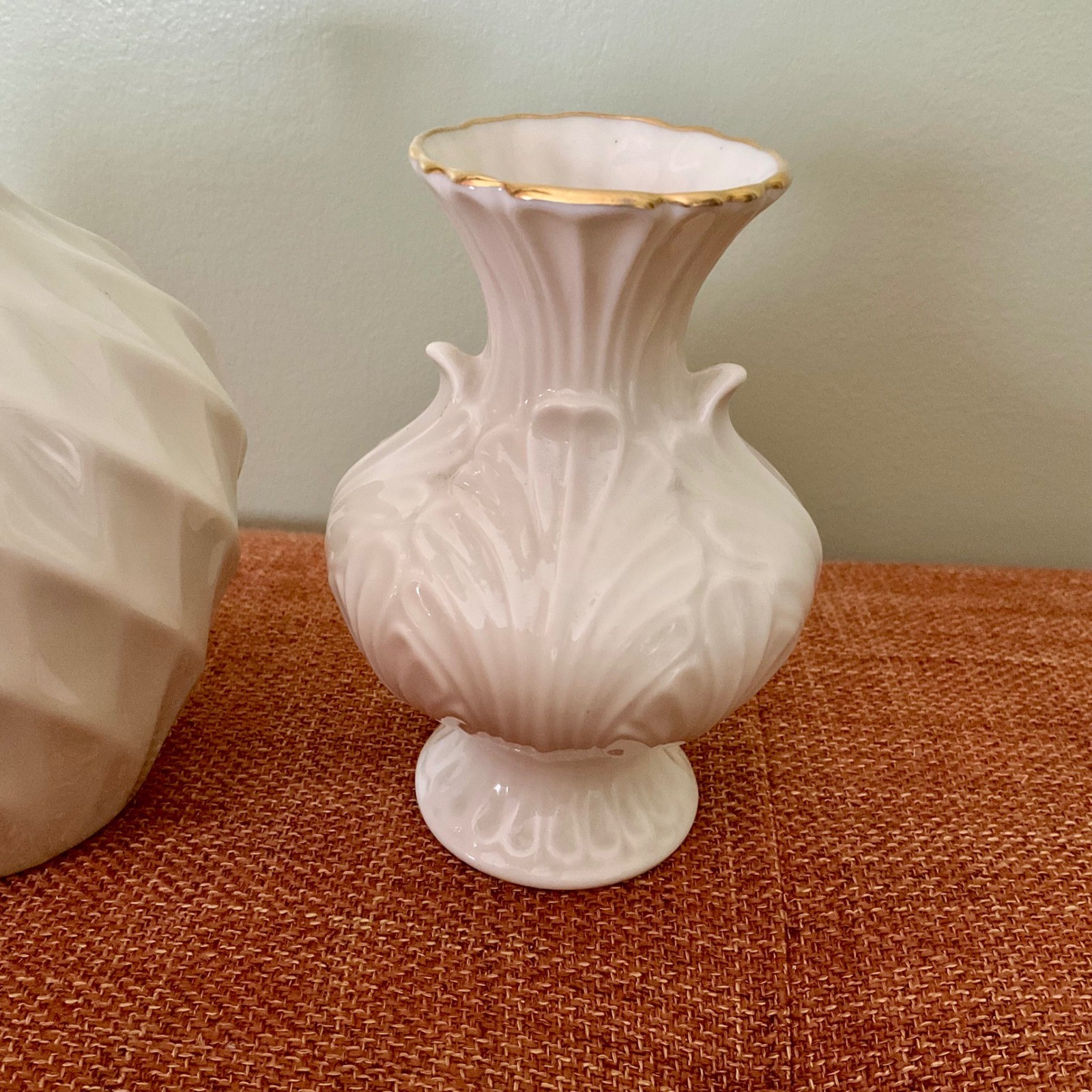 Lenox Ivory Fine China Bud Vase Set 24k Gold Trim Swirl Leaf Embossed Made USA