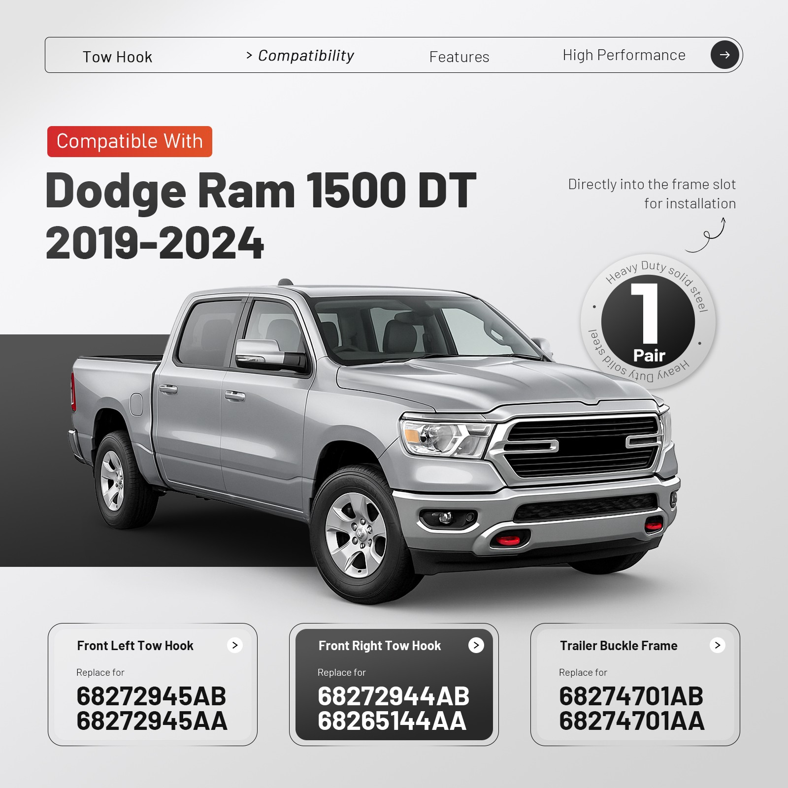 Pair Front Heavy Duty Tow Hook For Ram 1500 DT 2019-2024 #68265144AA 68272945AA