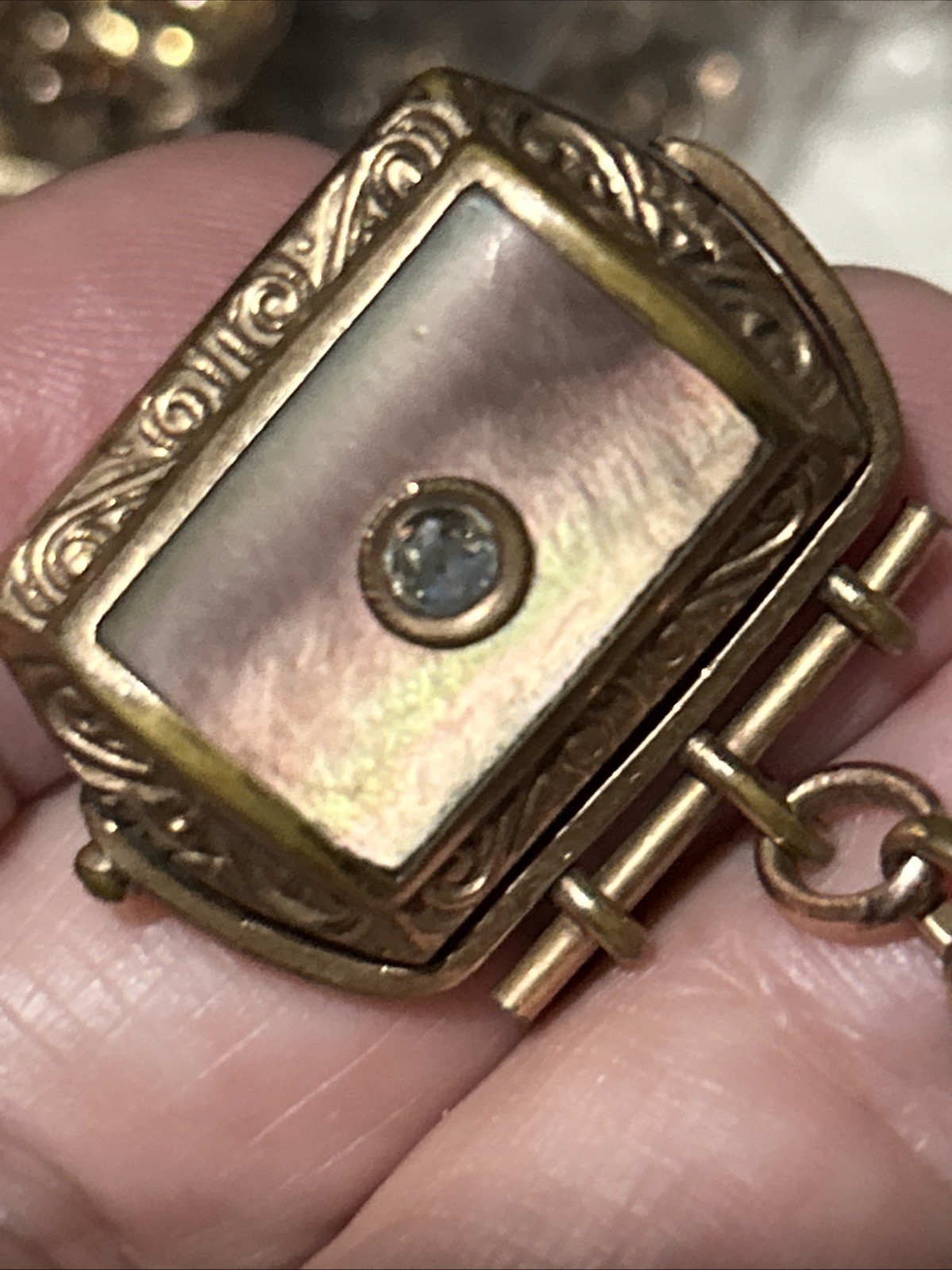 Vintage CHARNIER 1/10 Watch Chain Rose GF Abalone Carnelian Spinner GF Fob 11”