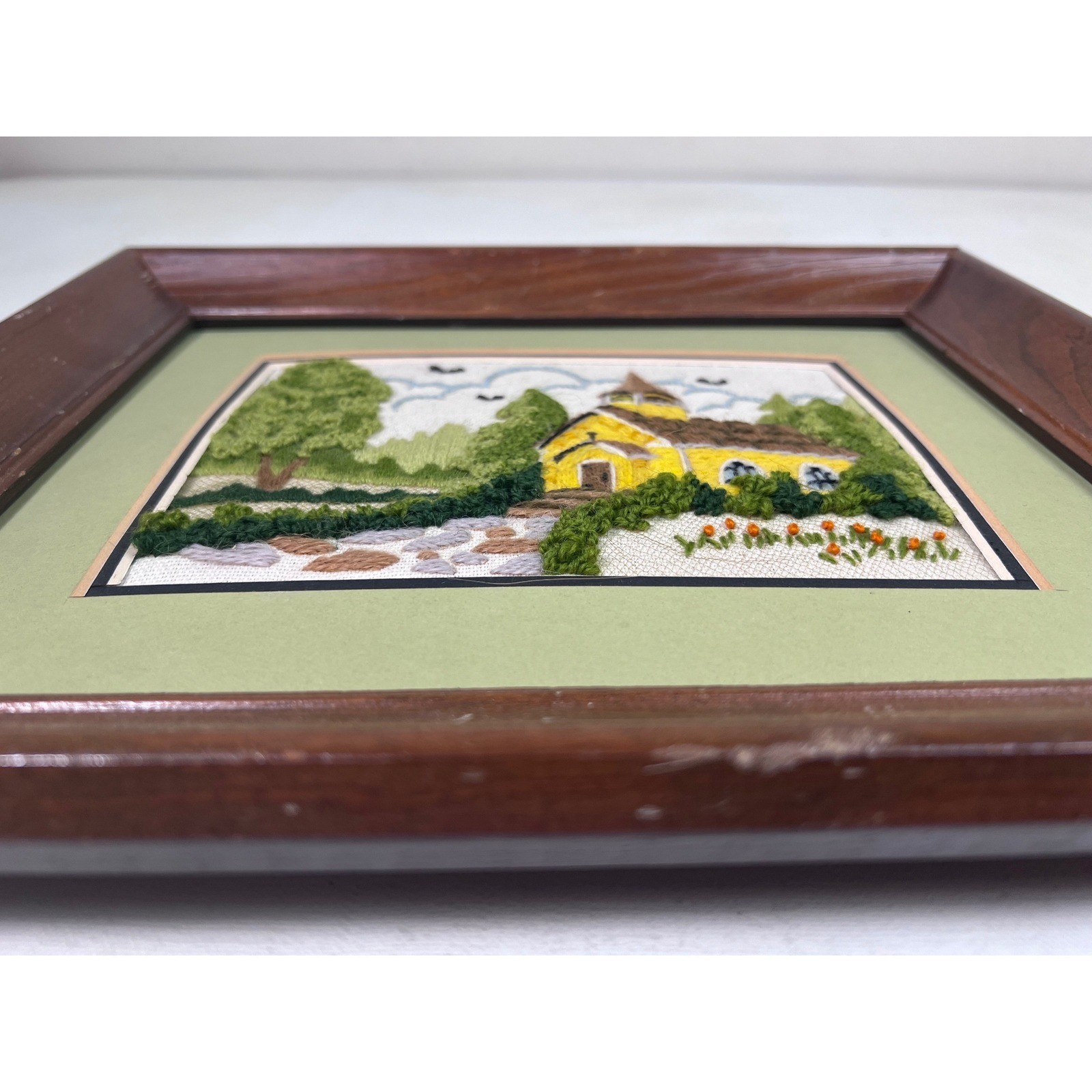 Vintage Crewel Embroidery Completed Woodside Church Framed 5x7 1980's Handmade