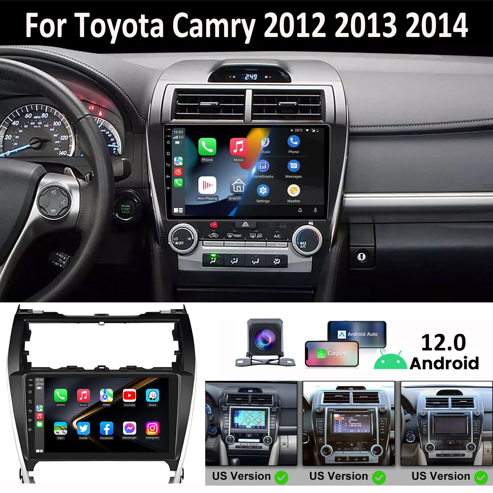 For 2012-2014 Toyota Camry Radio Car Apple Carplay Android GPS Navigation 2+32GB