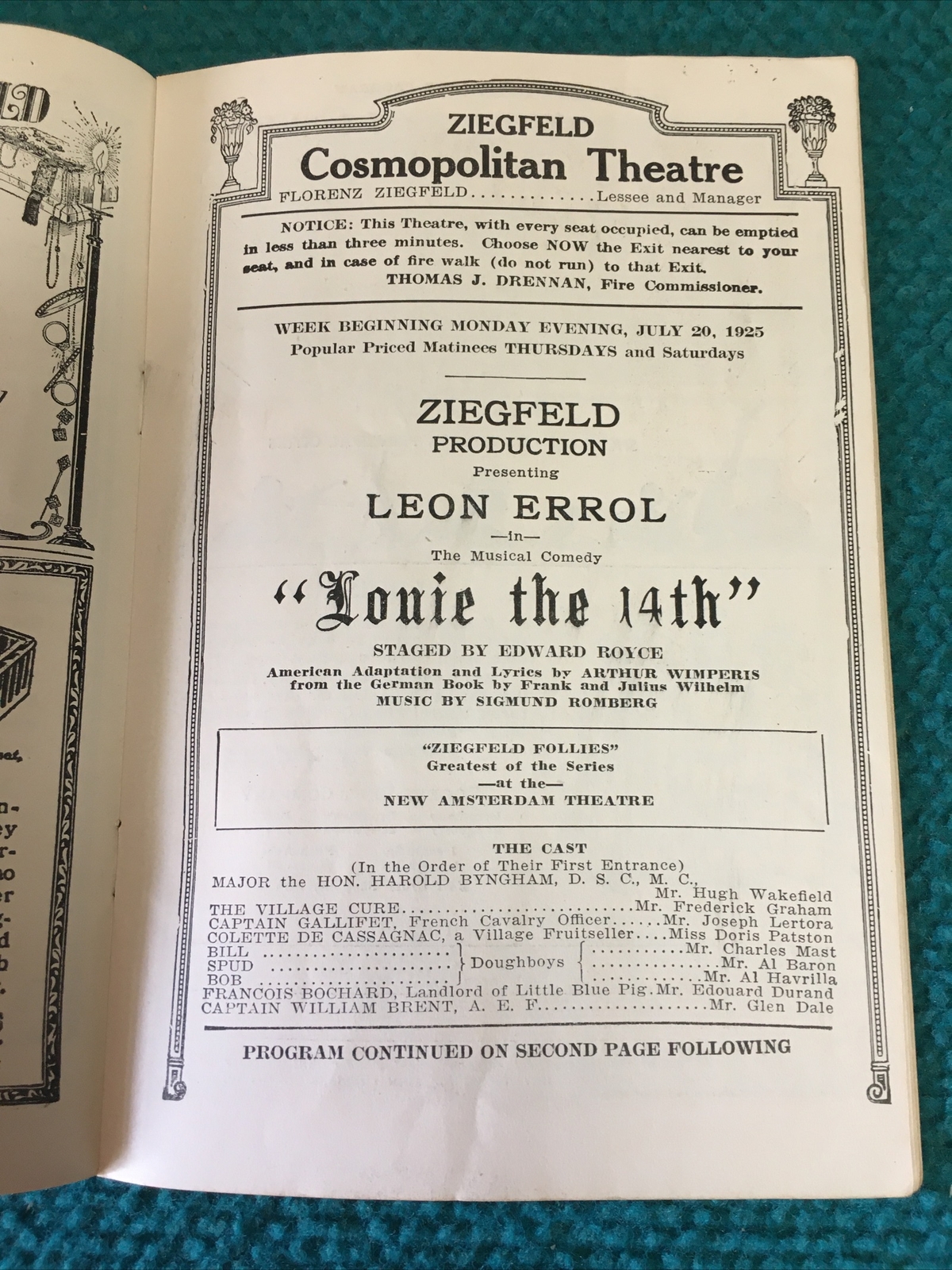 1925 Vintage COSMOPOLITAN THEATRE "Louie 14th" BROADWAY PLAYBILL @ Billie Burke