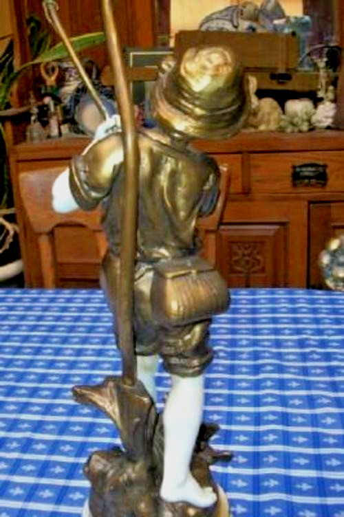 Vintage French Figural Lamps Moreau Fisherman Lady Flower Basket Bronzed Metal