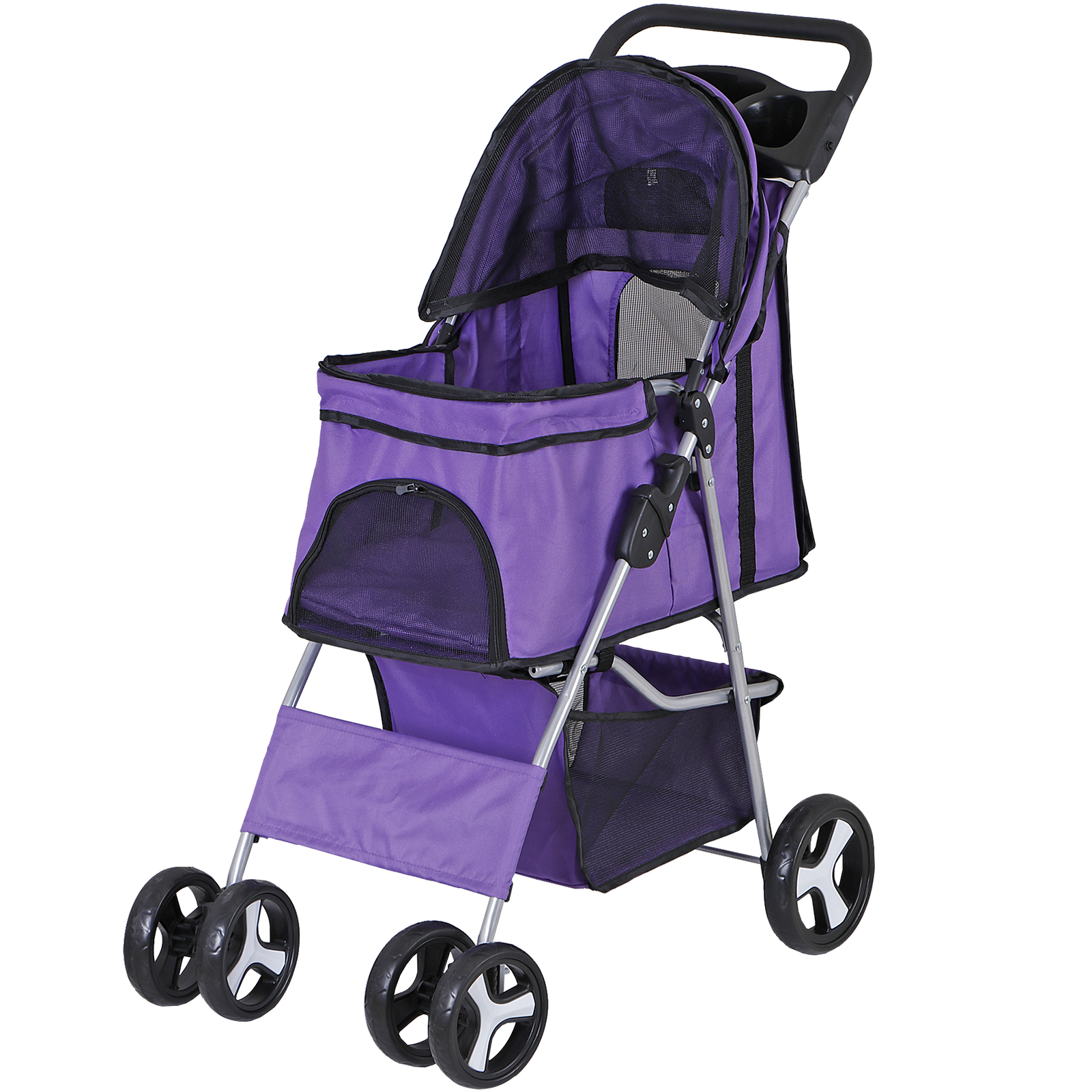 4 Wheel Dog Stroller Pet Stroller Travel Carriage w/Foldable Carrier Cart Purple