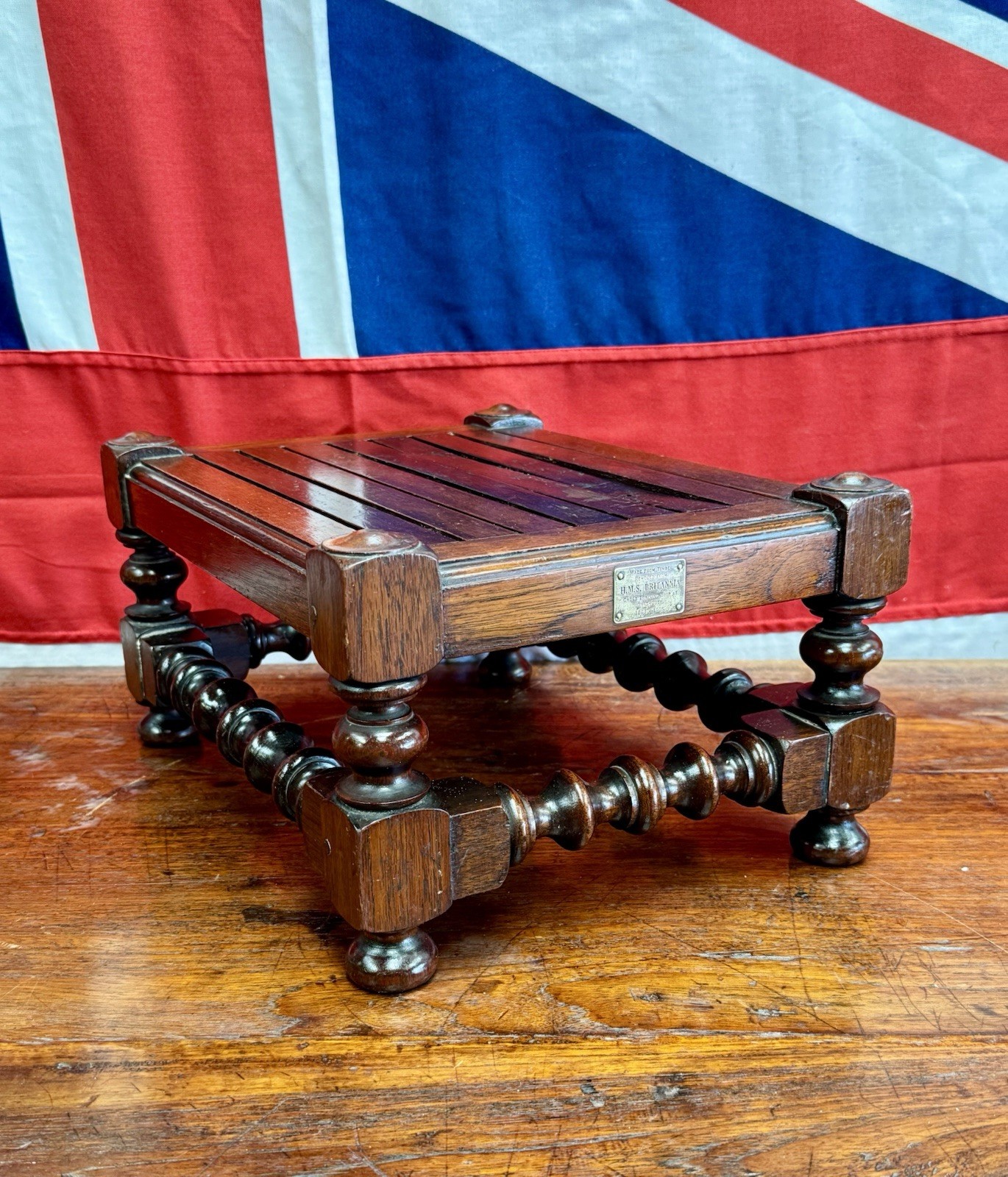 Handcrafted Royal Navy Footstool from Salvaged Timber off HMS Britannia